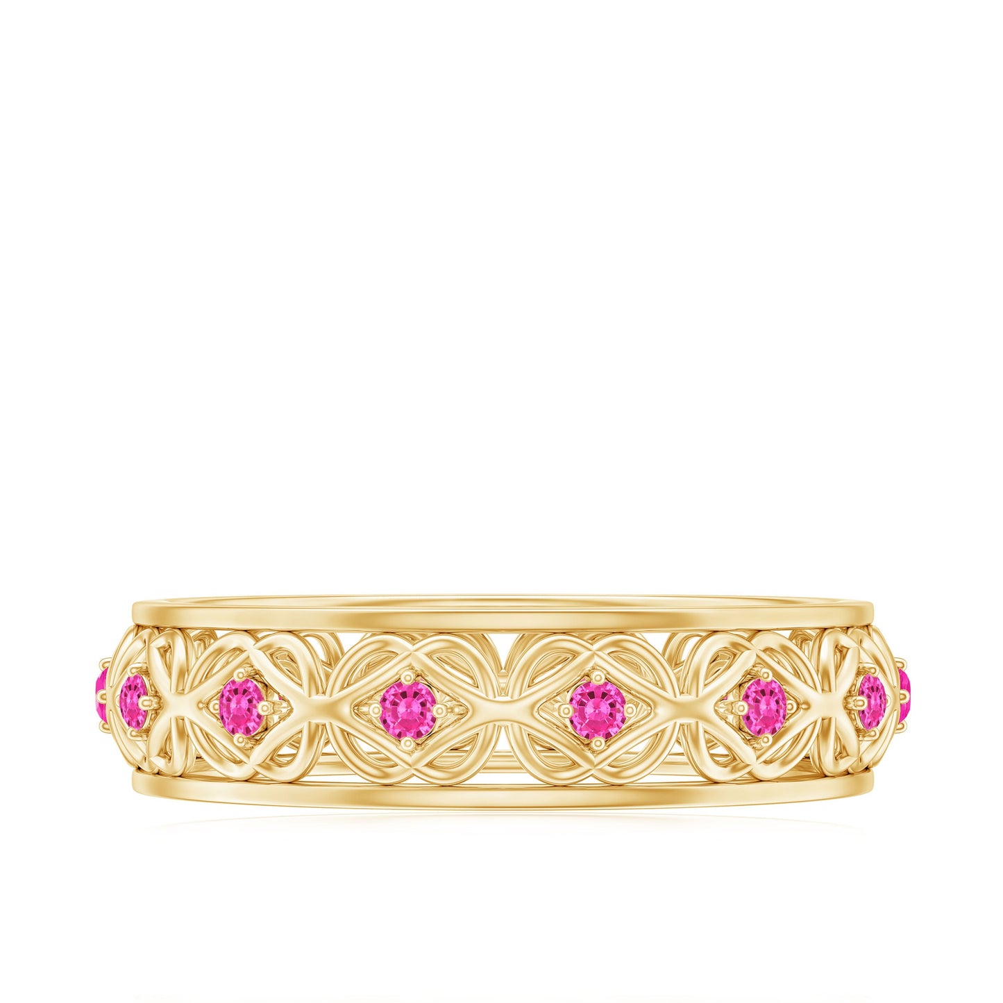 Lab Created Pink Sapphire Wedding Band with Celtic Details