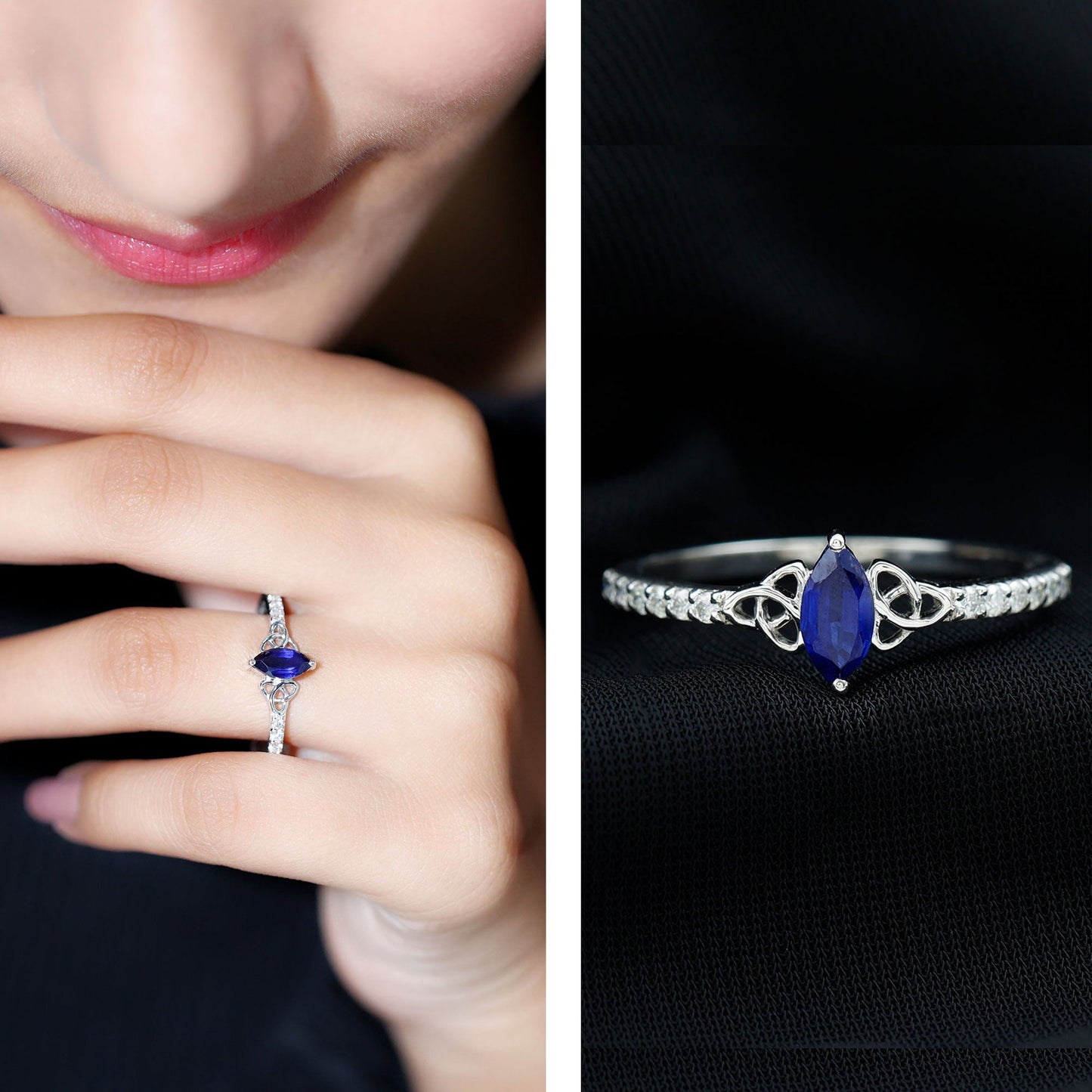 Certified 0.7 Carat Lab Grown Blue Sapphire Diamond Marquise Engagement Ring with Celtic Knot