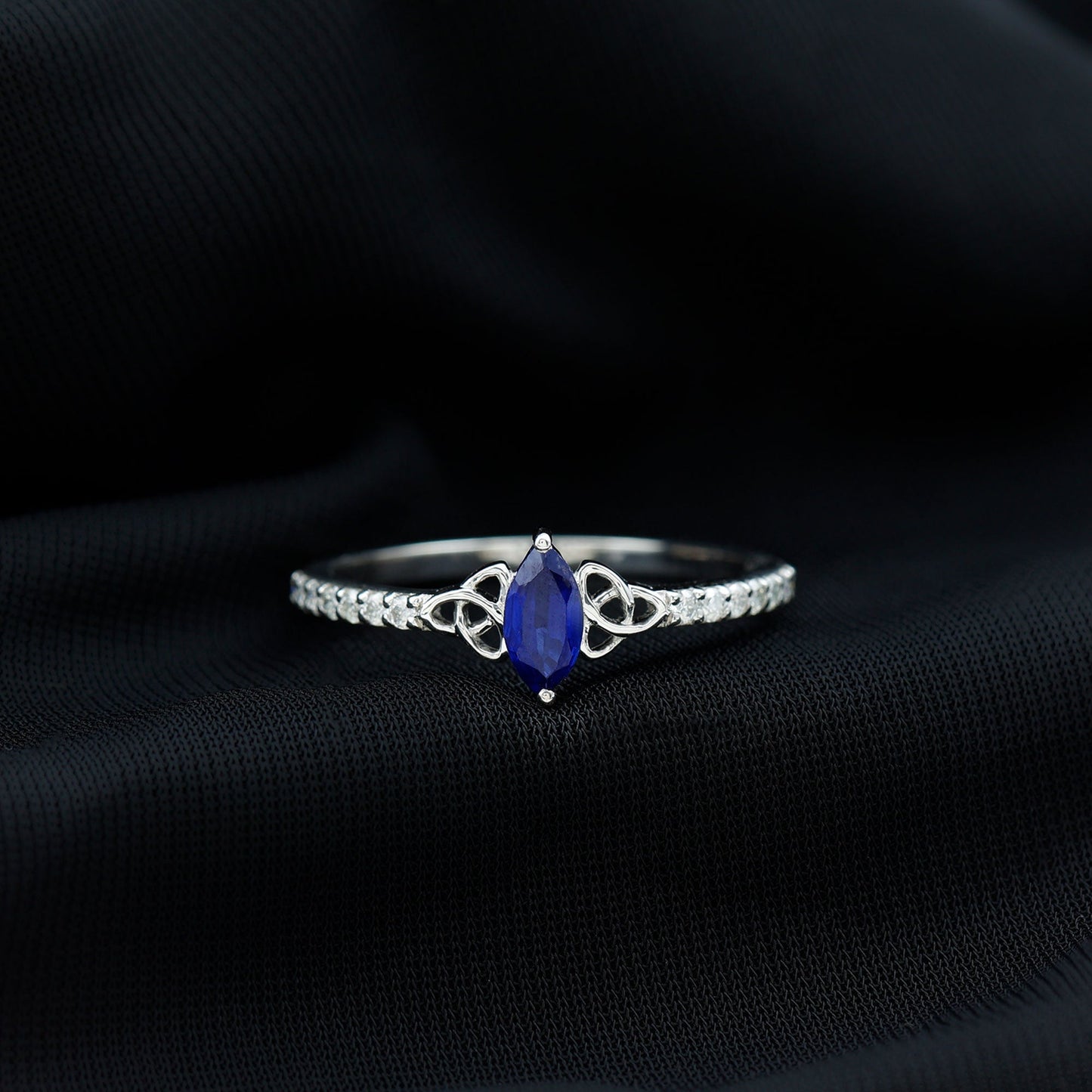 Certified 0.7 Carat Lab Grown Blue Sapphire Diamond Marquise Engagement Ring with Celtic Knot