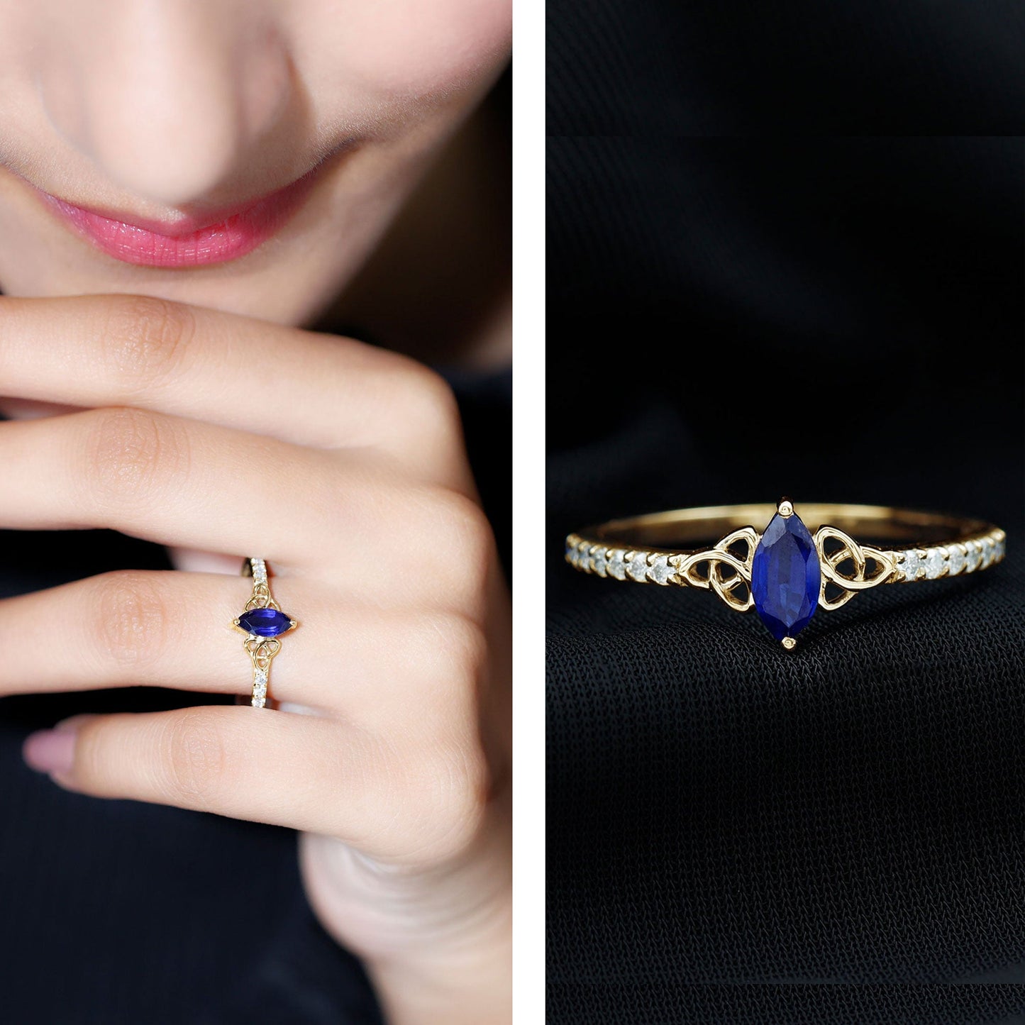 Certified 0.7 Carat Lab Grown Blue Sapphire Diamond Marquise Engagement Ring with Celtic Knot