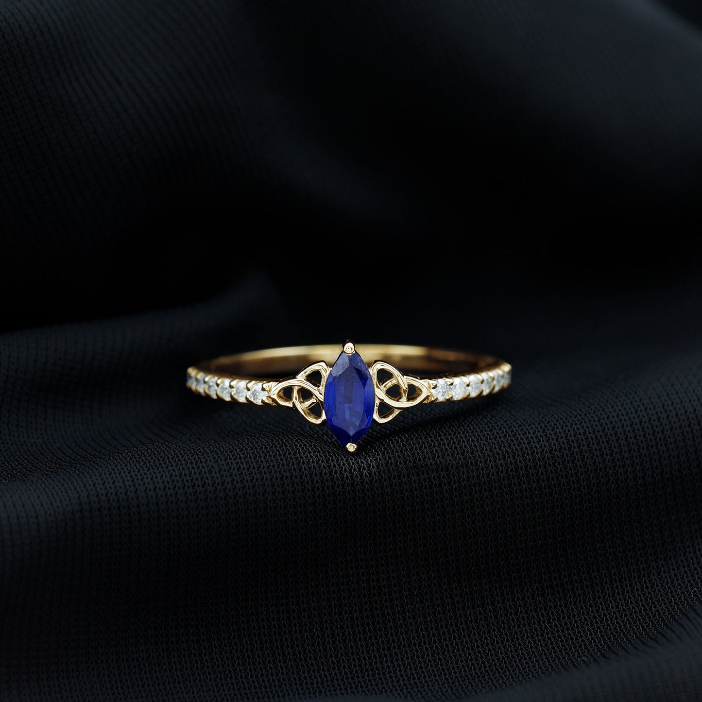 Certified 0.7 Carat Lab Grown Blue Sapphire Diamond Marquise Engagement Ring with Celtic Knot