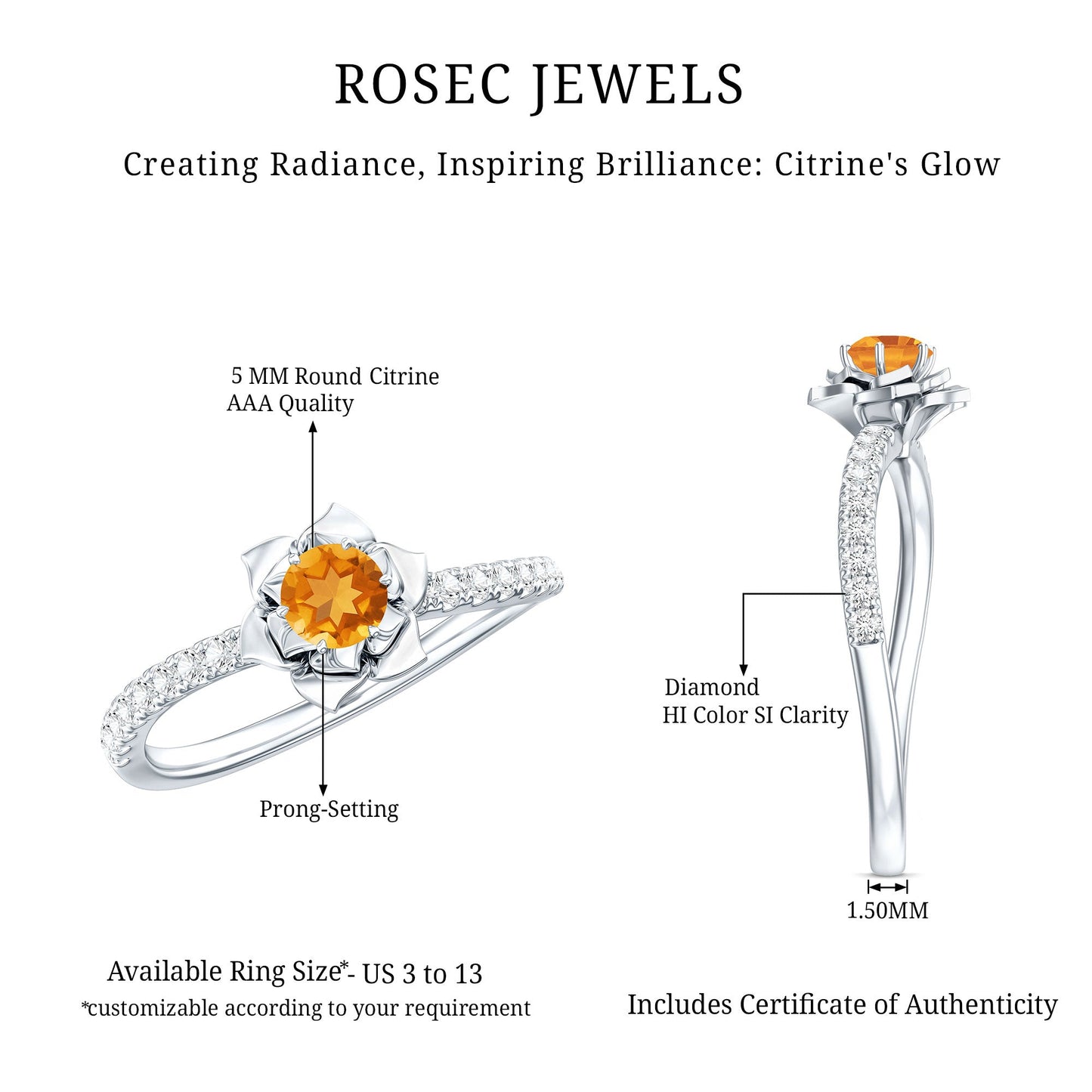 Certified Real Citrine Flower Engagement Ring with Diamond