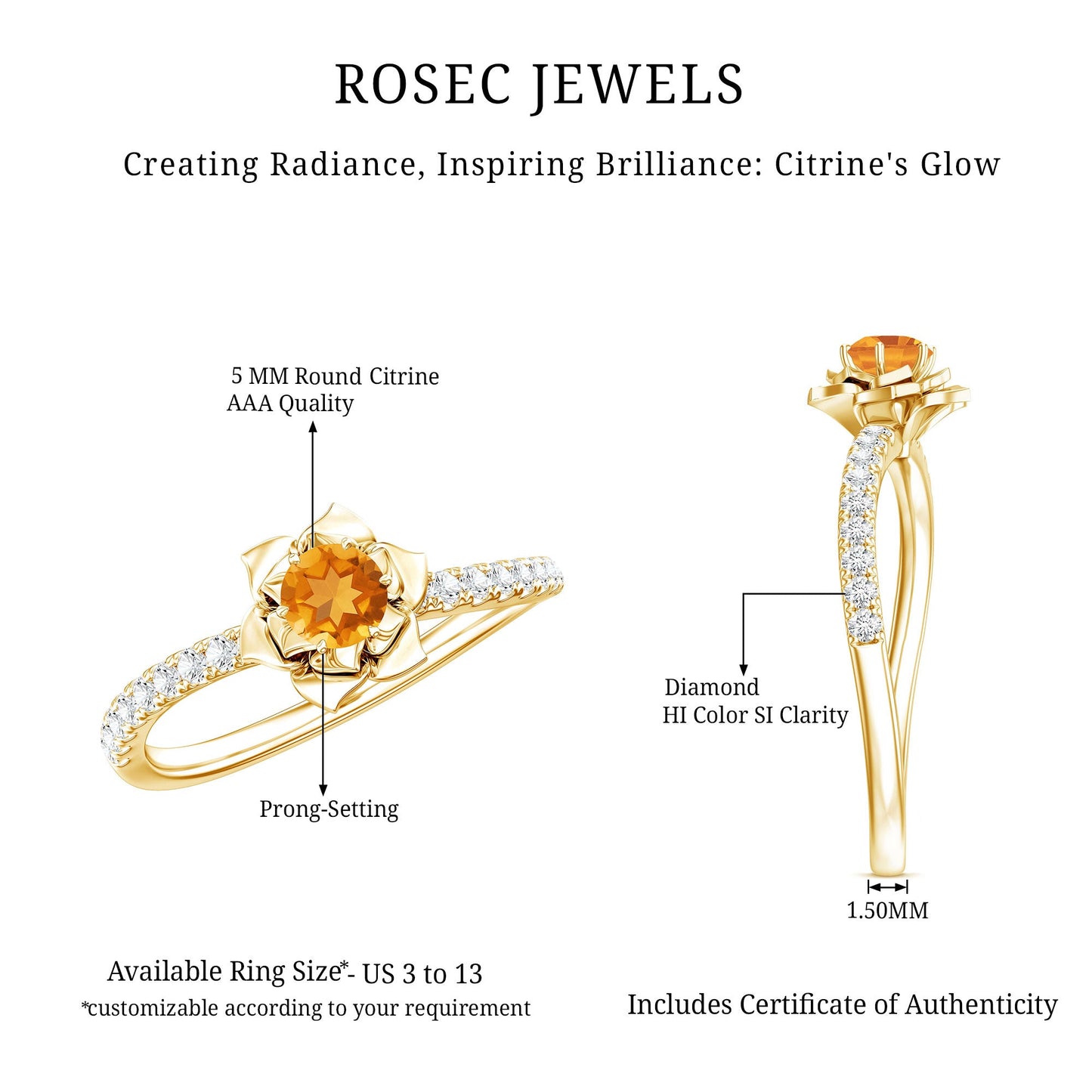 Certified Real Citrine Flower Engagement Ring with Diamond