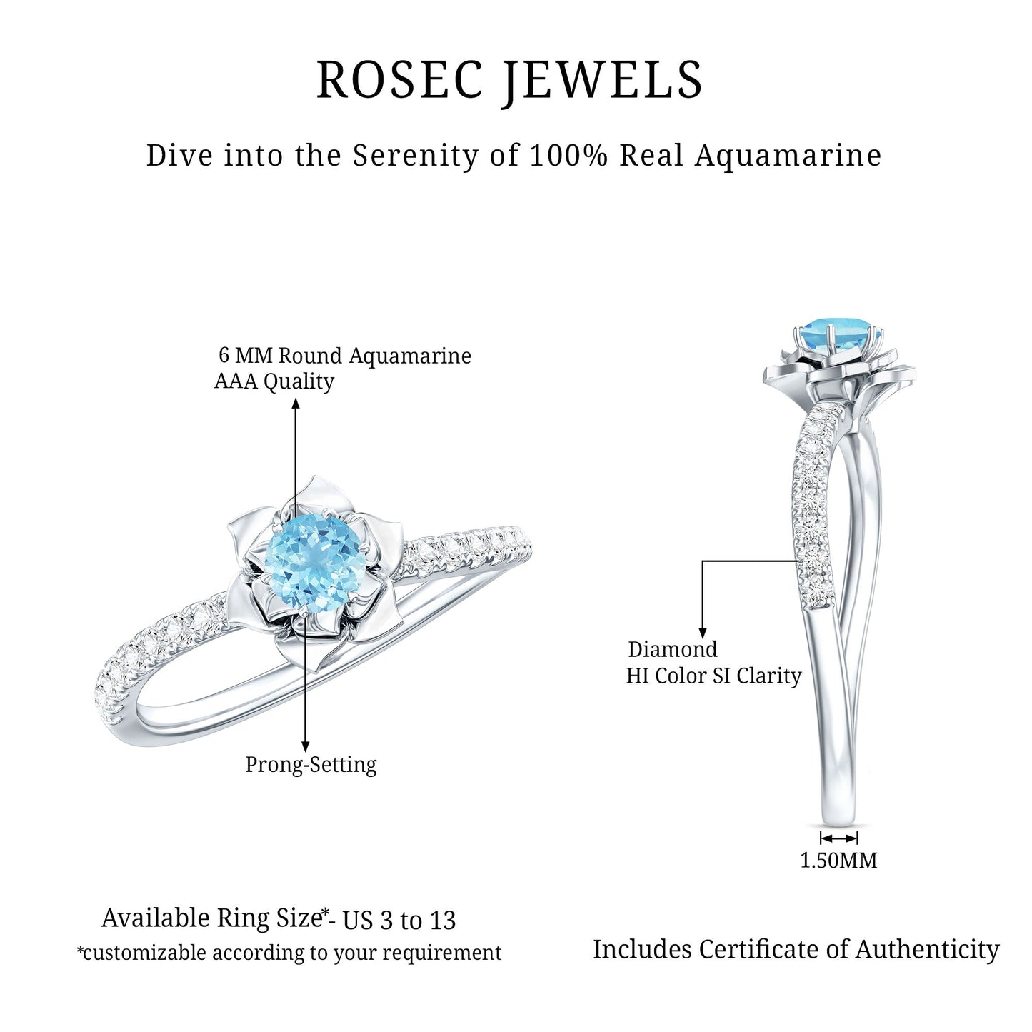 Floral Inspired Aquamarine Rose Engagement Ring with Diamond