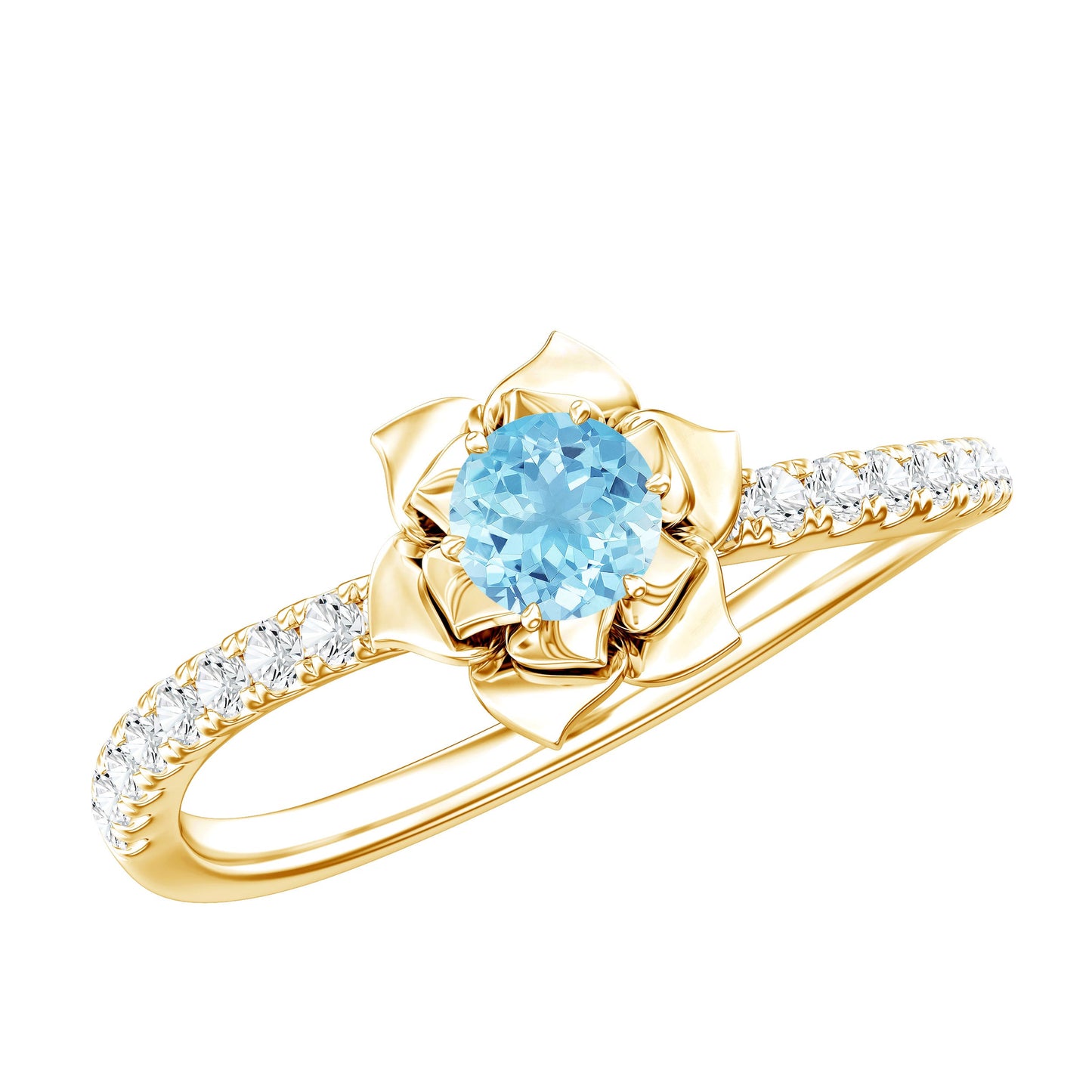 Floral Inspired Aquamarine Rose Engagement Ring with Diamond