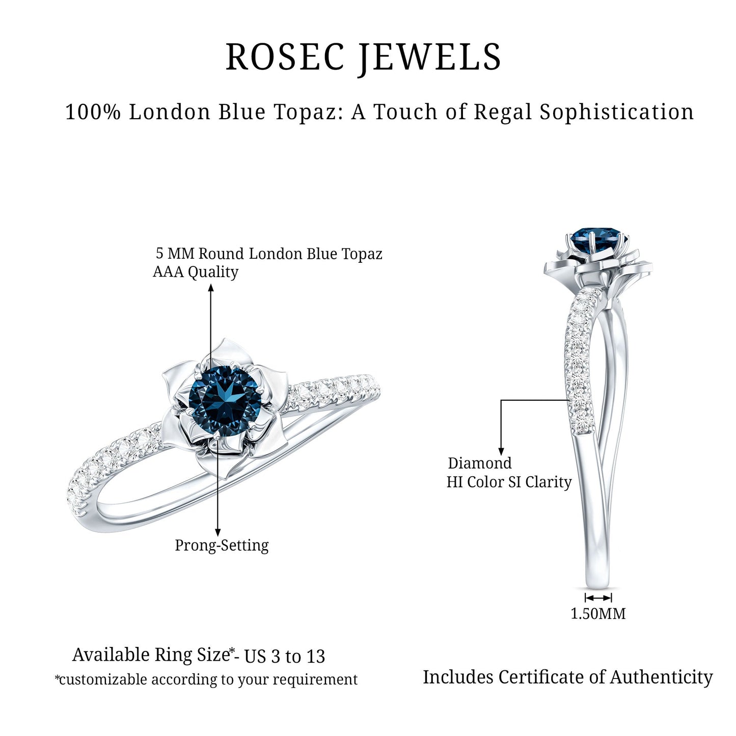 0.6 Carat Round London Blue Topaz Floral Engagement Ring with Diamond