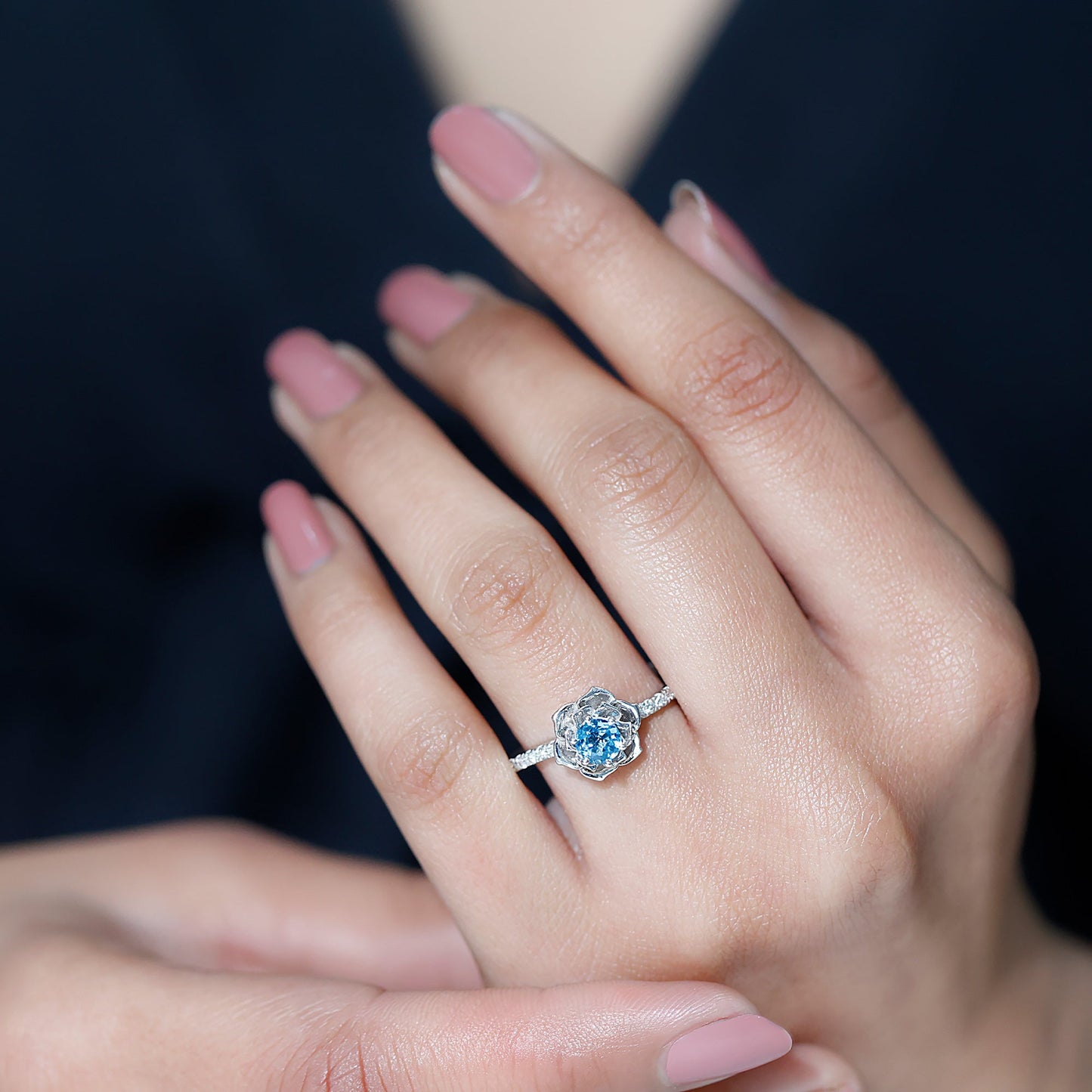 0.6 Carat Round London Blue Topaz Floral Engagement Ring with Diamond