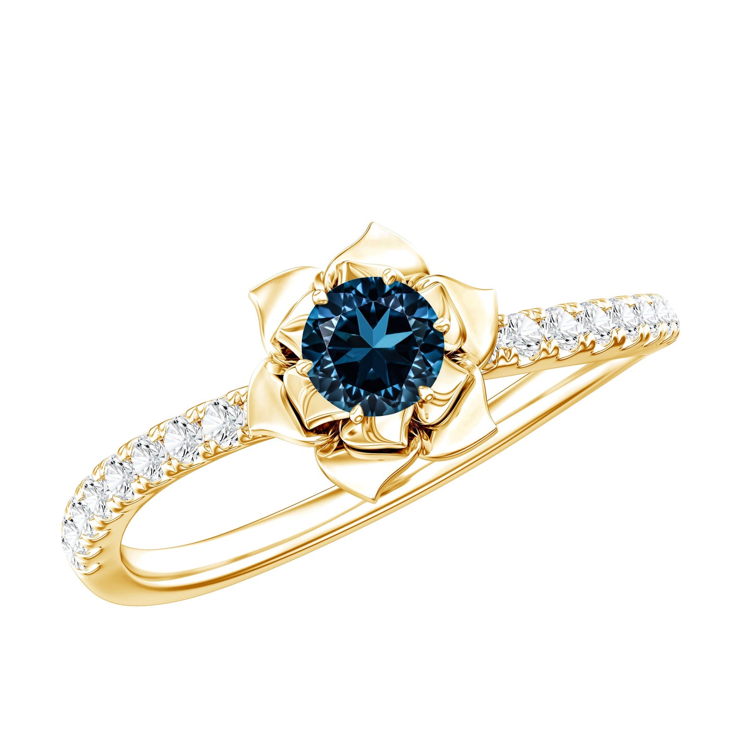 0.6 Carat Round London Blue Topaz Floral Engagement Ring with Diamond