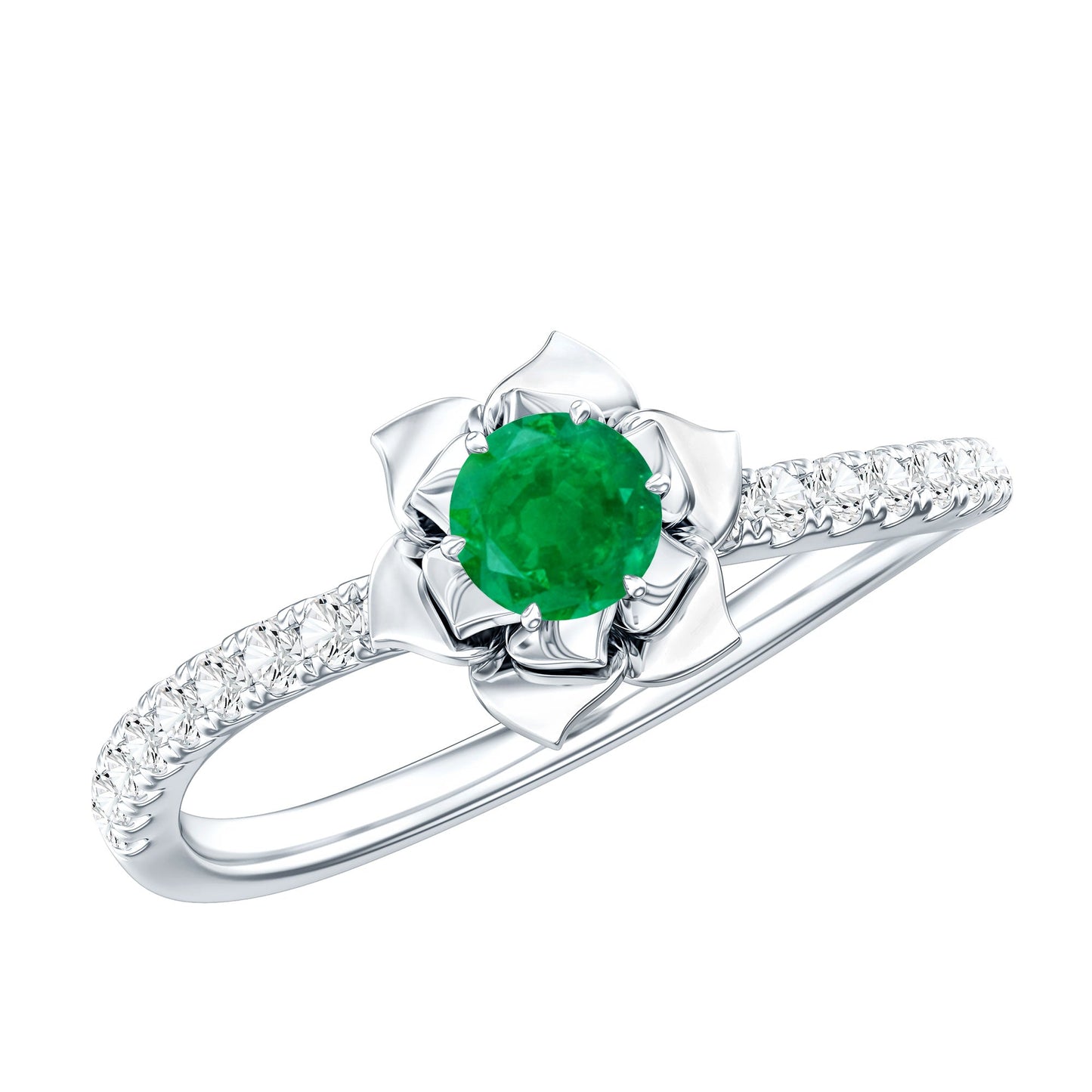 Genuine Emerald Flower Engagement Ring with Diamond