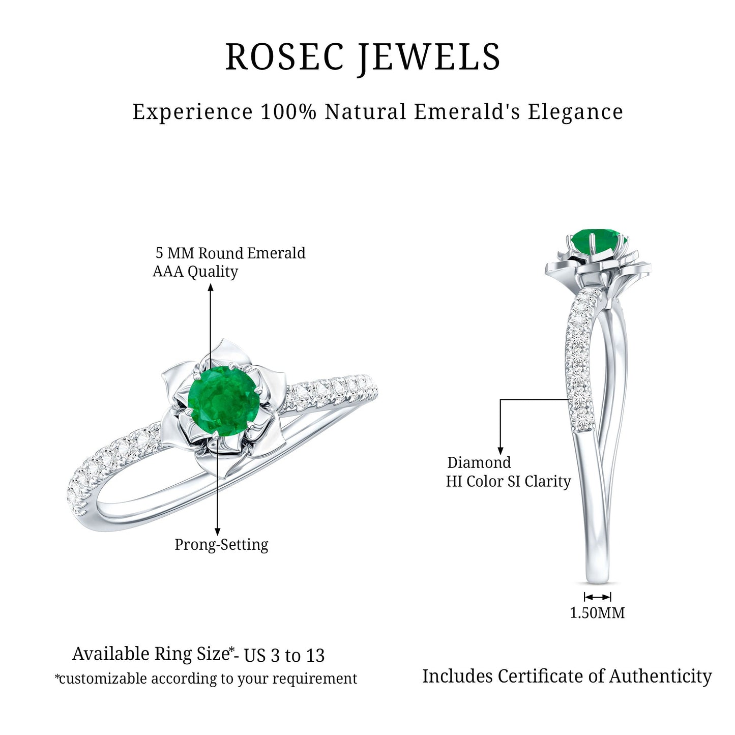 Genuine Emerald Flower Engagement Ring with Diamond