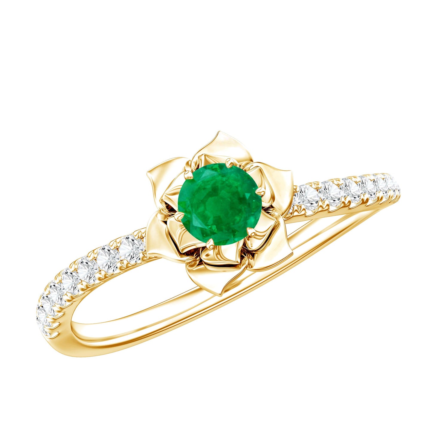 Genuine Emerald Flower Engagement Ring with Diamond