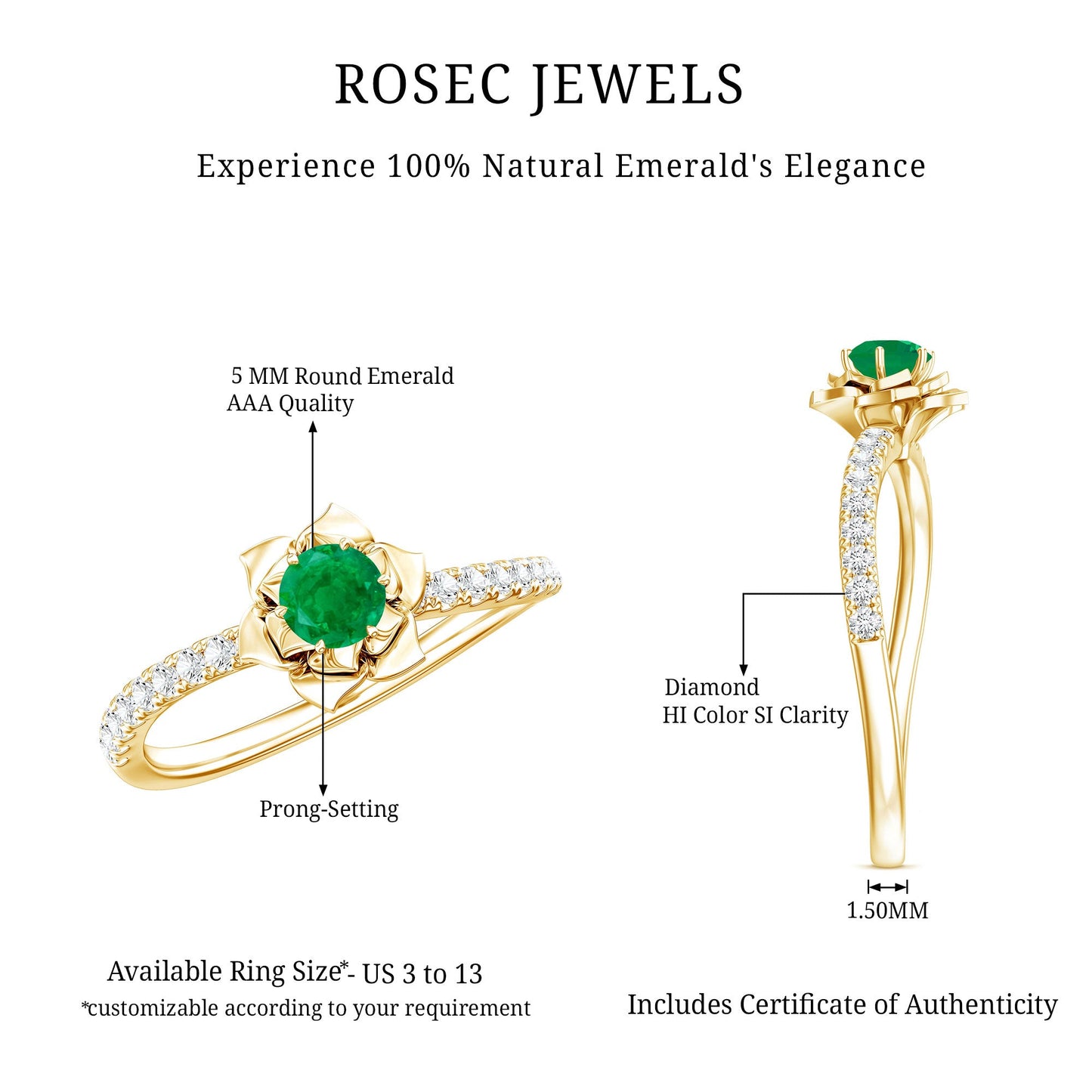 Genuine Emerald Flower Engagement Ring with Diamond