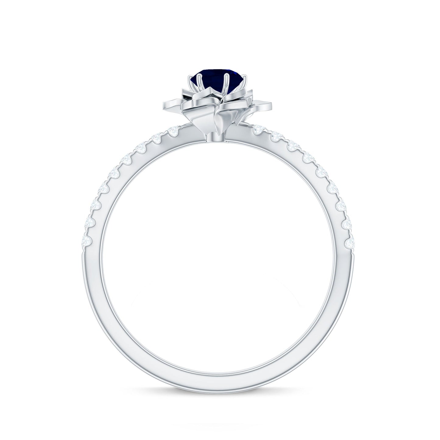 Real 0.9 Carat Blue Sapphire Rose Flower Engagement Ring with Diamond