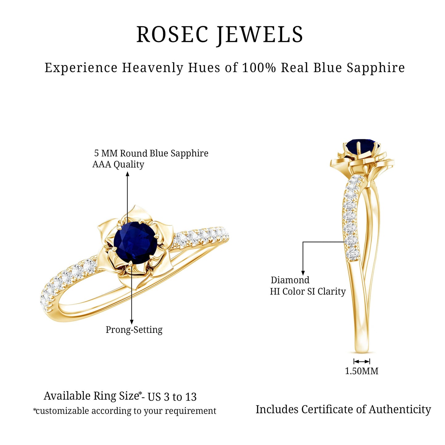 Real 0.9 Carat Blue Sapphire Rose Flower Engagement Ring with Diamond