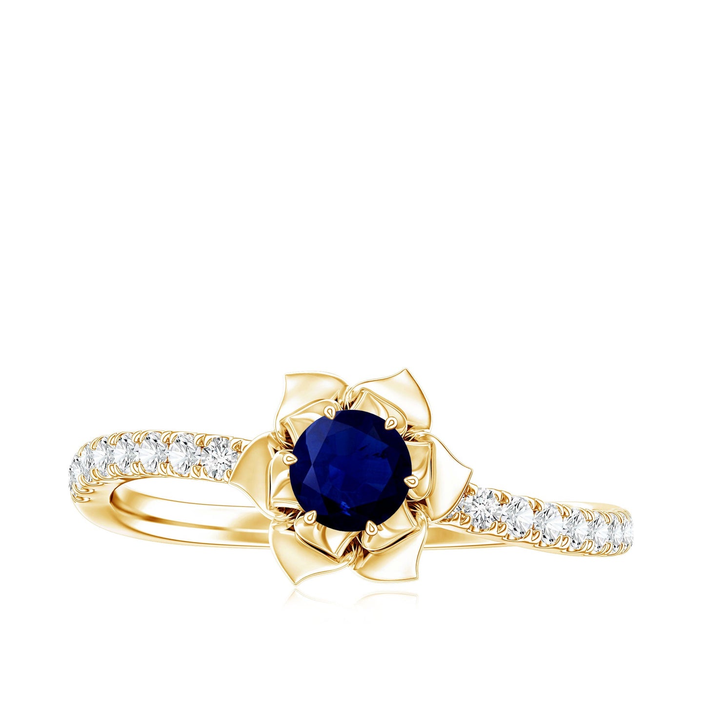 Real 0.9 Carat Blue Sapphire Rose Flower Engagement Ring with Diamond