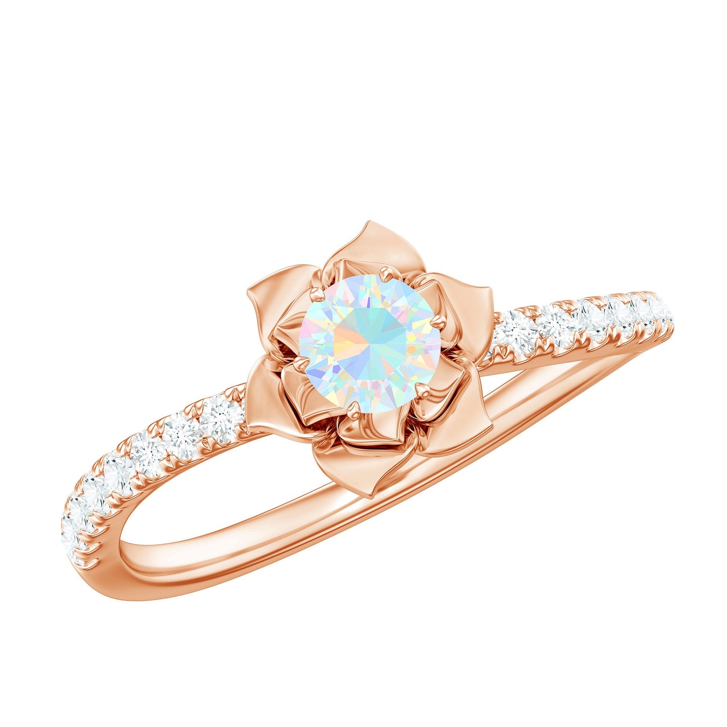 Natural Ethiopian Opal Floral Engagement Ring with Diamond Side Stones