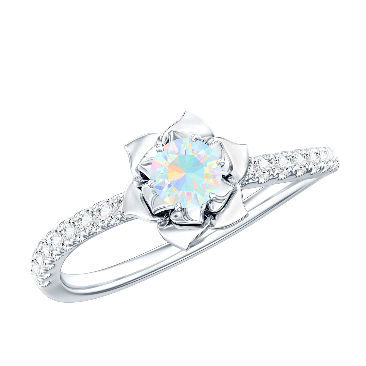 Natural Ethiopian Opal Floral Engagement Ring with Diamond Side Stones