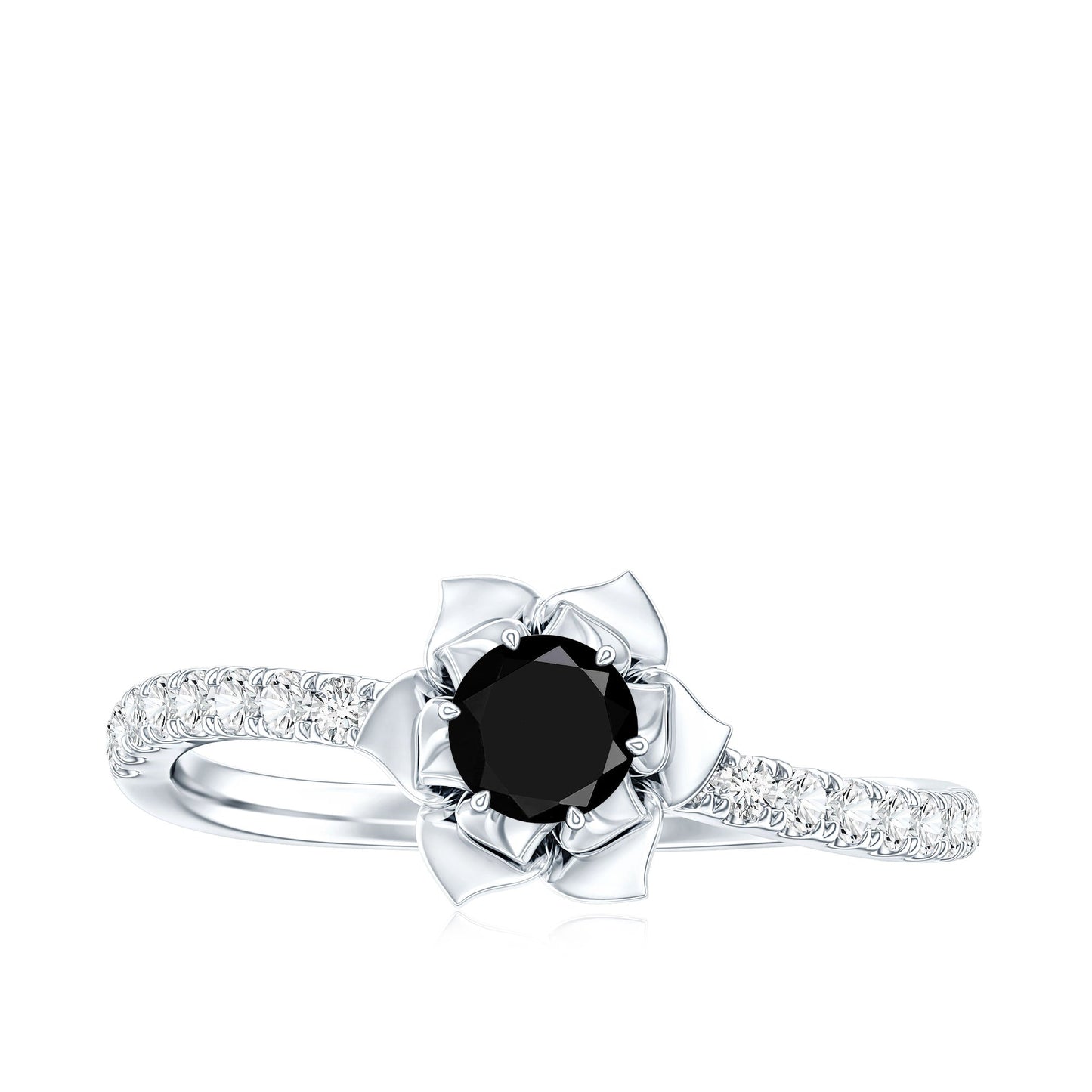Certified Real Black Spinel Flower Engagement Ring with Diamond