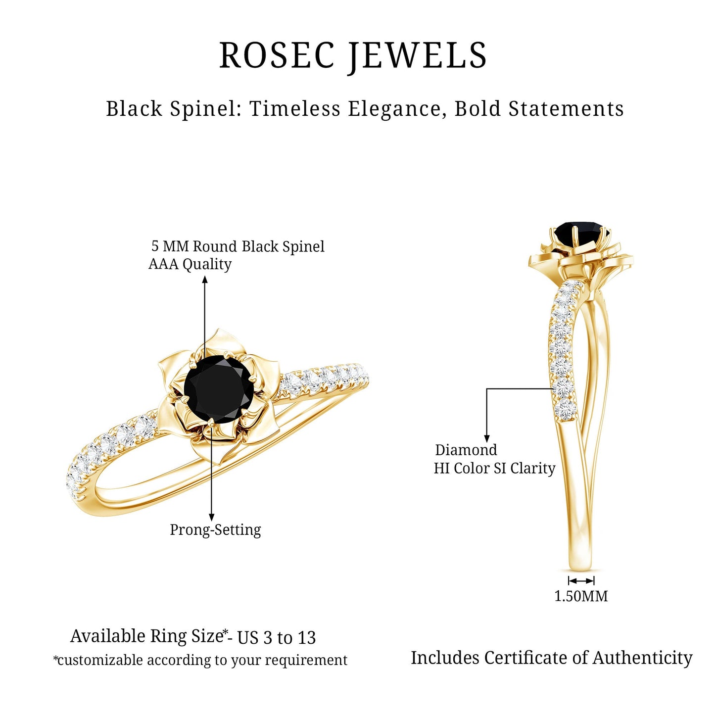 Certified Real Black Spinel Flower Engagement Ring with Diamond