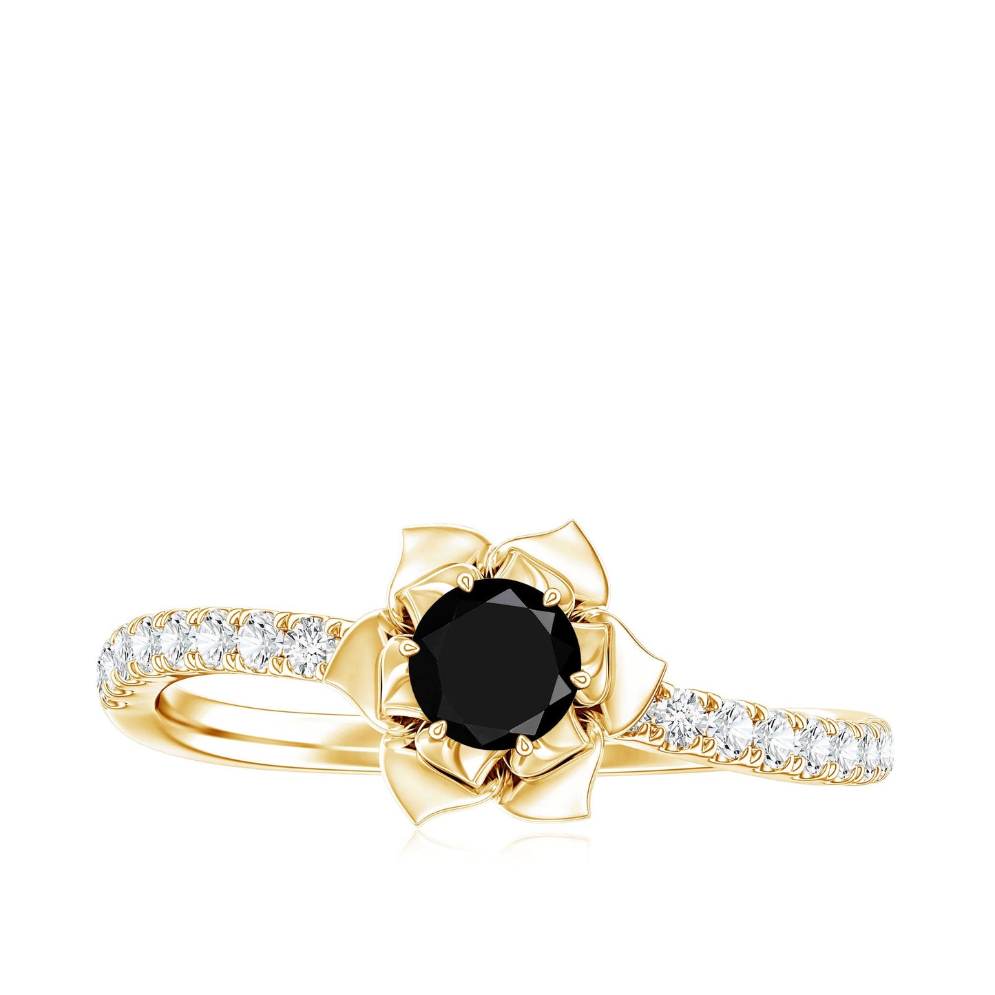 Certified Real Black Spinel Flower Engagement Ring with Diamond