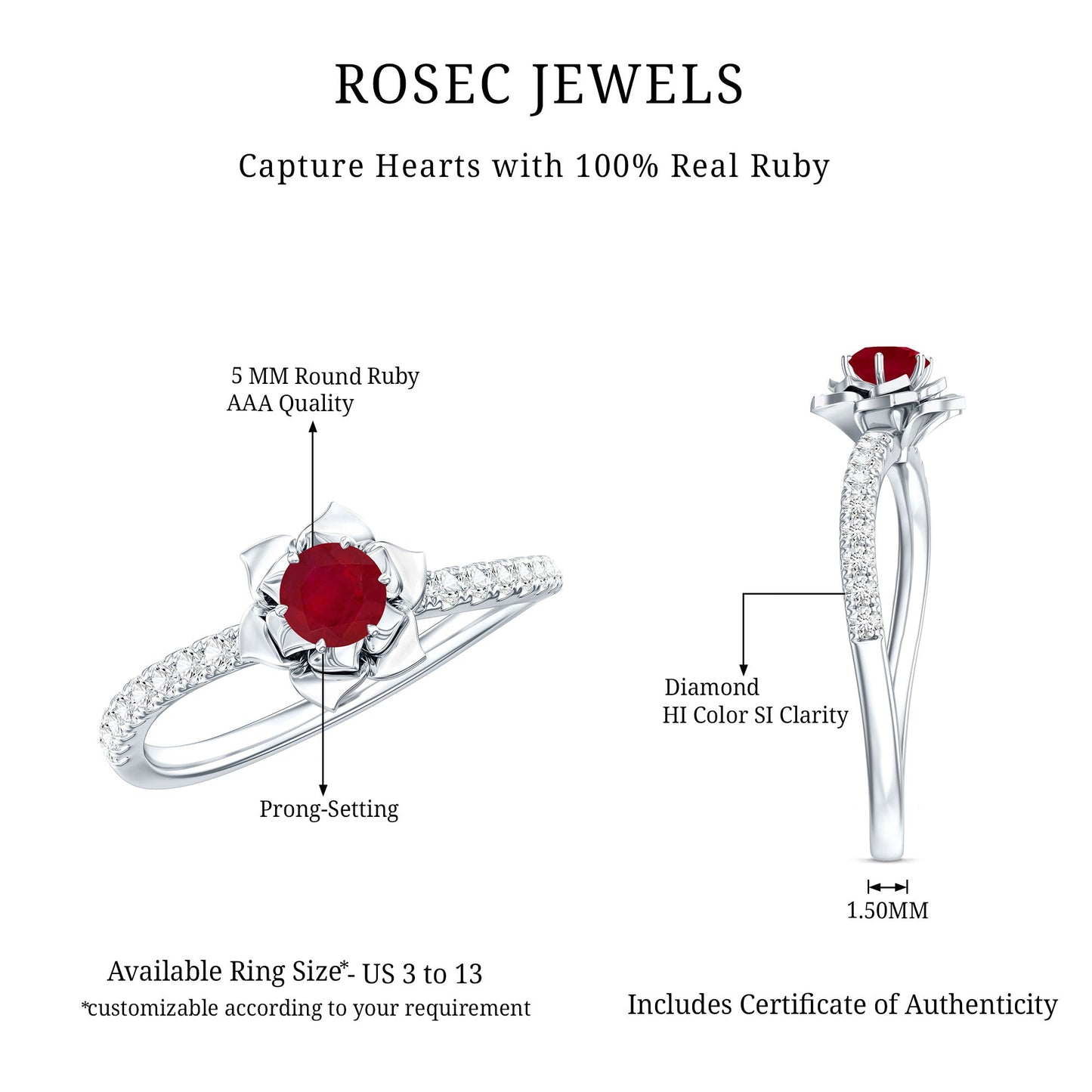Natural 0.6 Carat Ruby Flower Engagement Ring with Diamond