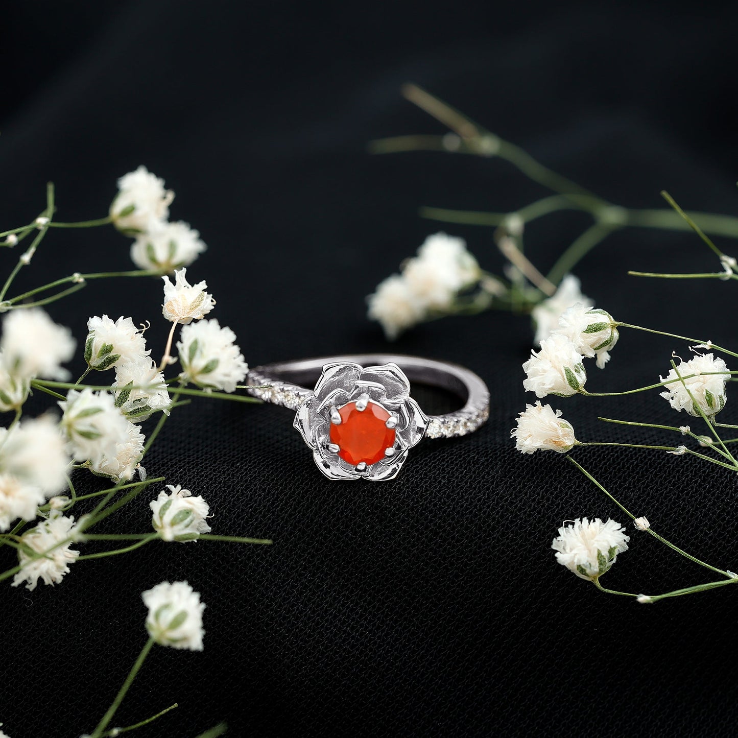 0.45 Carat Fire Opal Flower Engagement Ring with Diamond