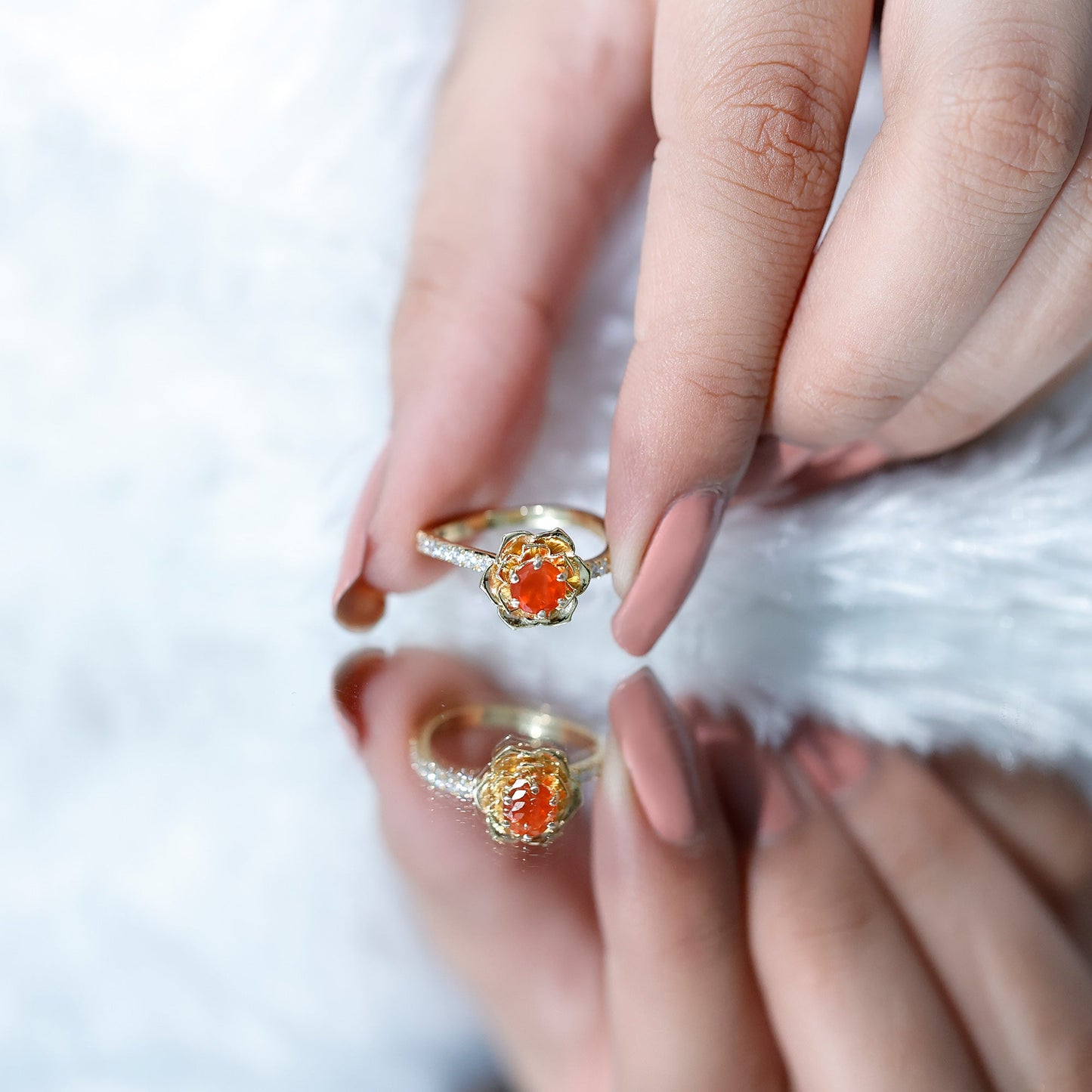 0.45 Carat Fire Opal Flower Engagement Ring with Diamond