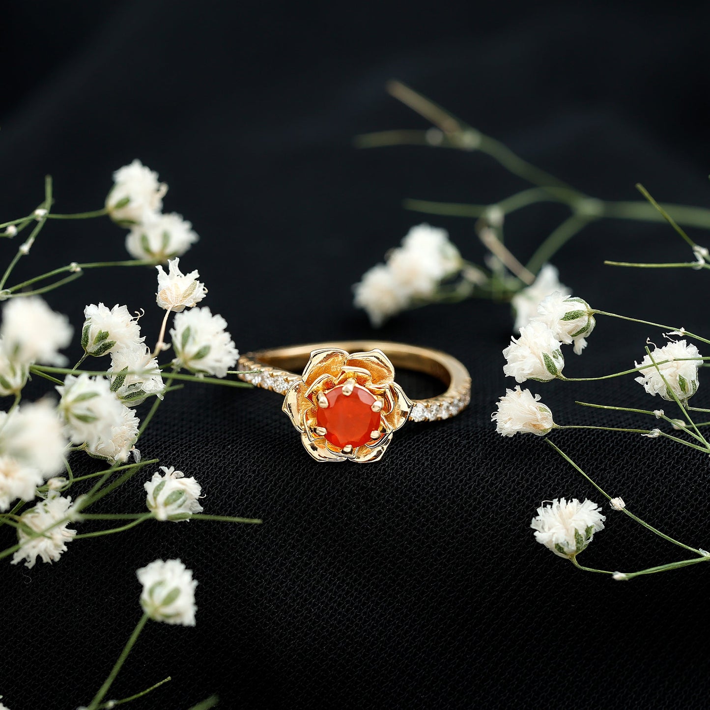 0.45 Carat Fire Opal Flower Engagement Ring with Diamond