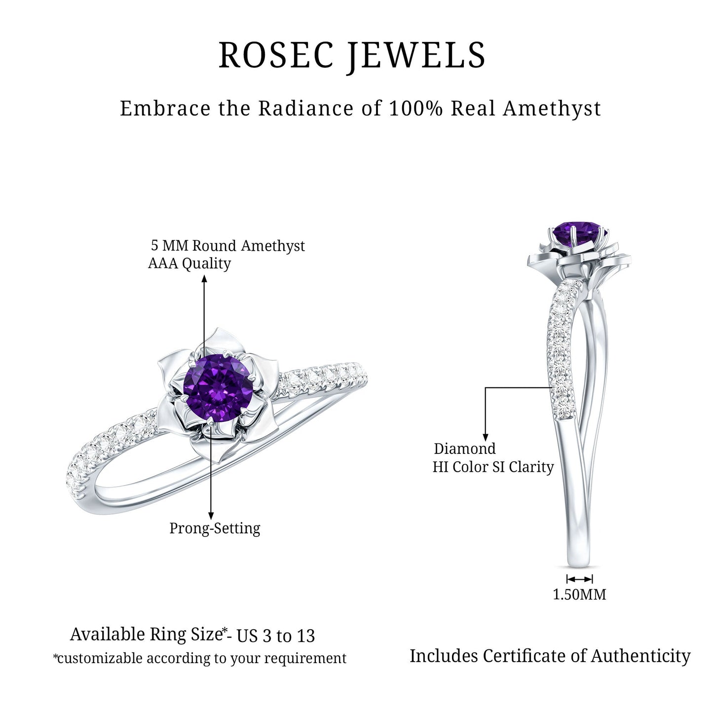 Natural Amethyst Rose Engagement Ring with Diamond