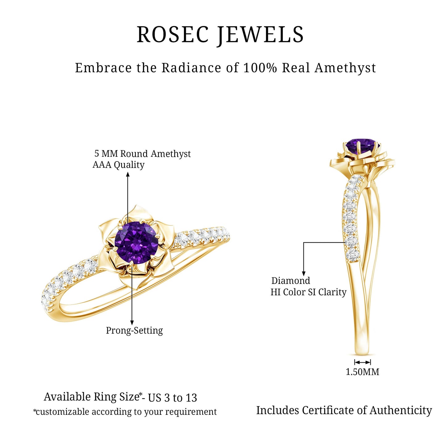 Natural Amethyst Rose Engagement Ring with Diamond