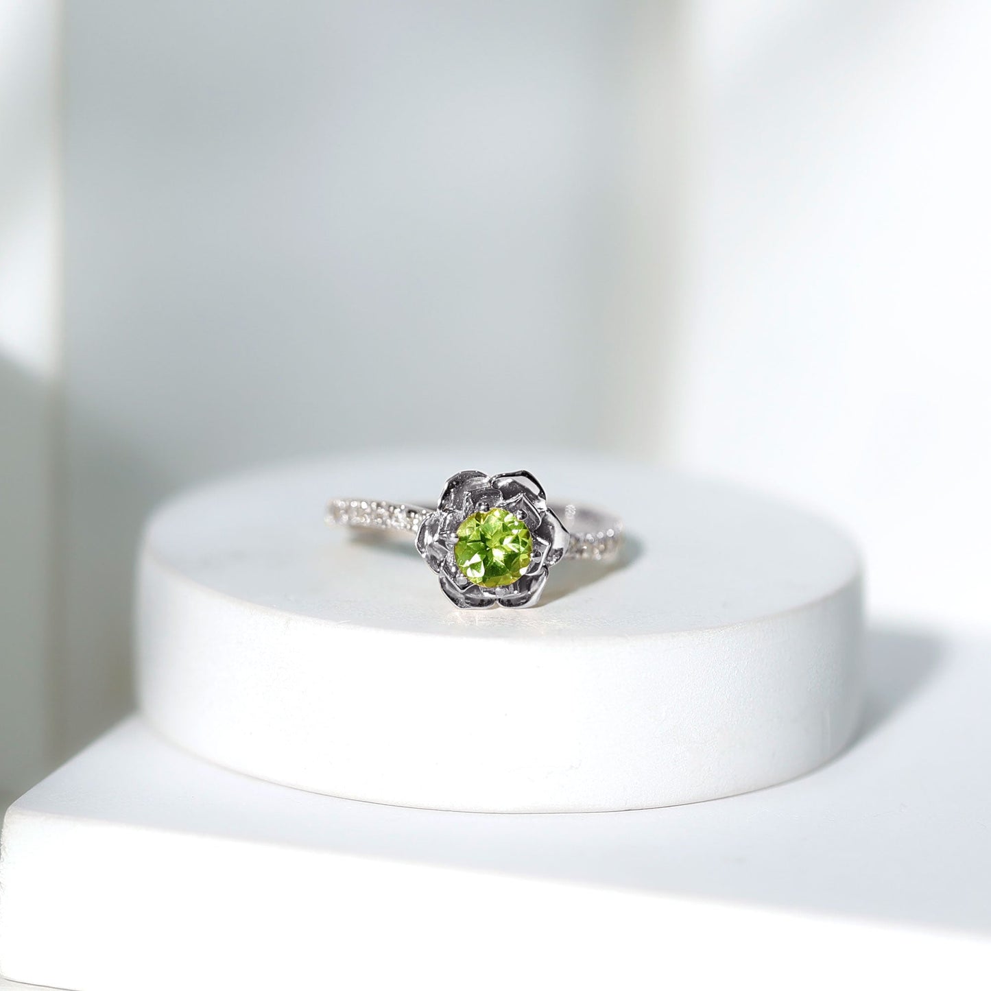 Nature Inspired Half Carat Peridot Flower Engagement Ring with Diamond
