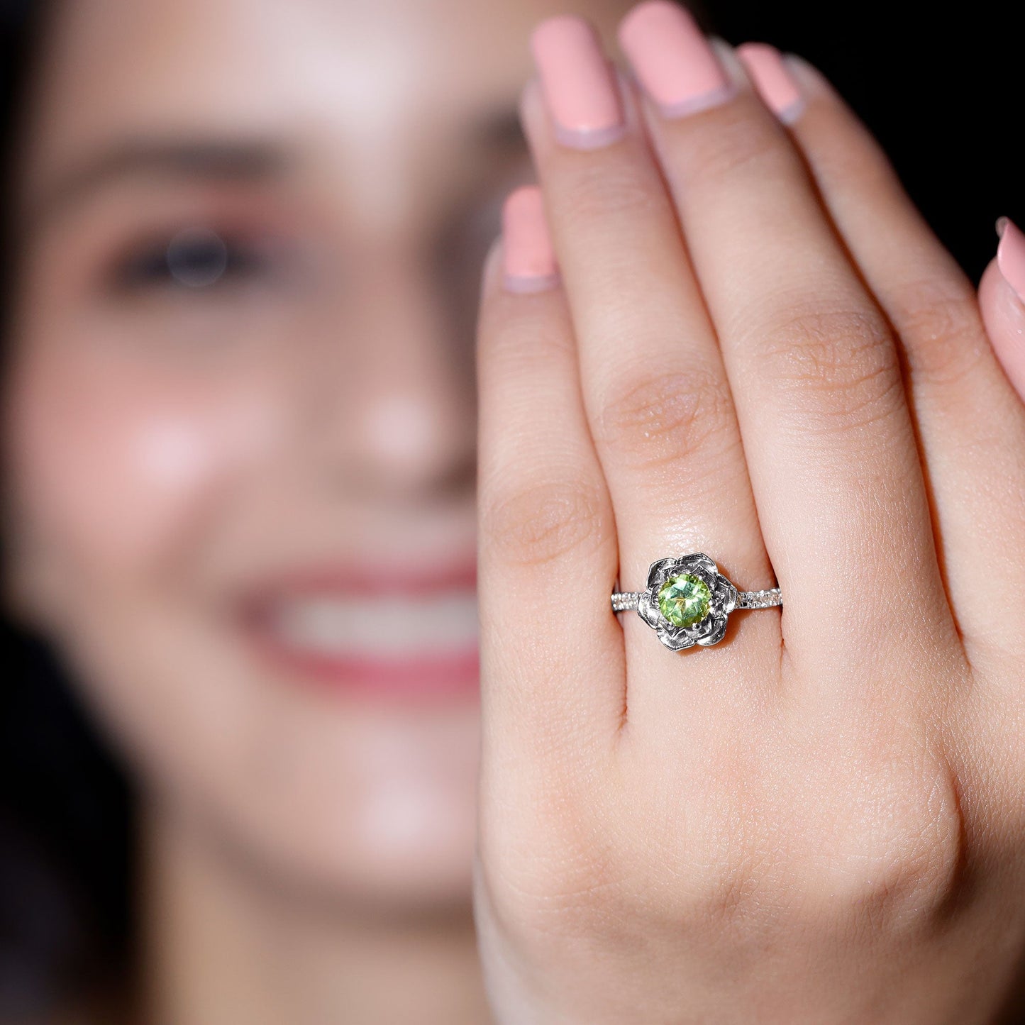 Nature Inspired Half Carat Peridot Flower Engagement Ring with Diamond