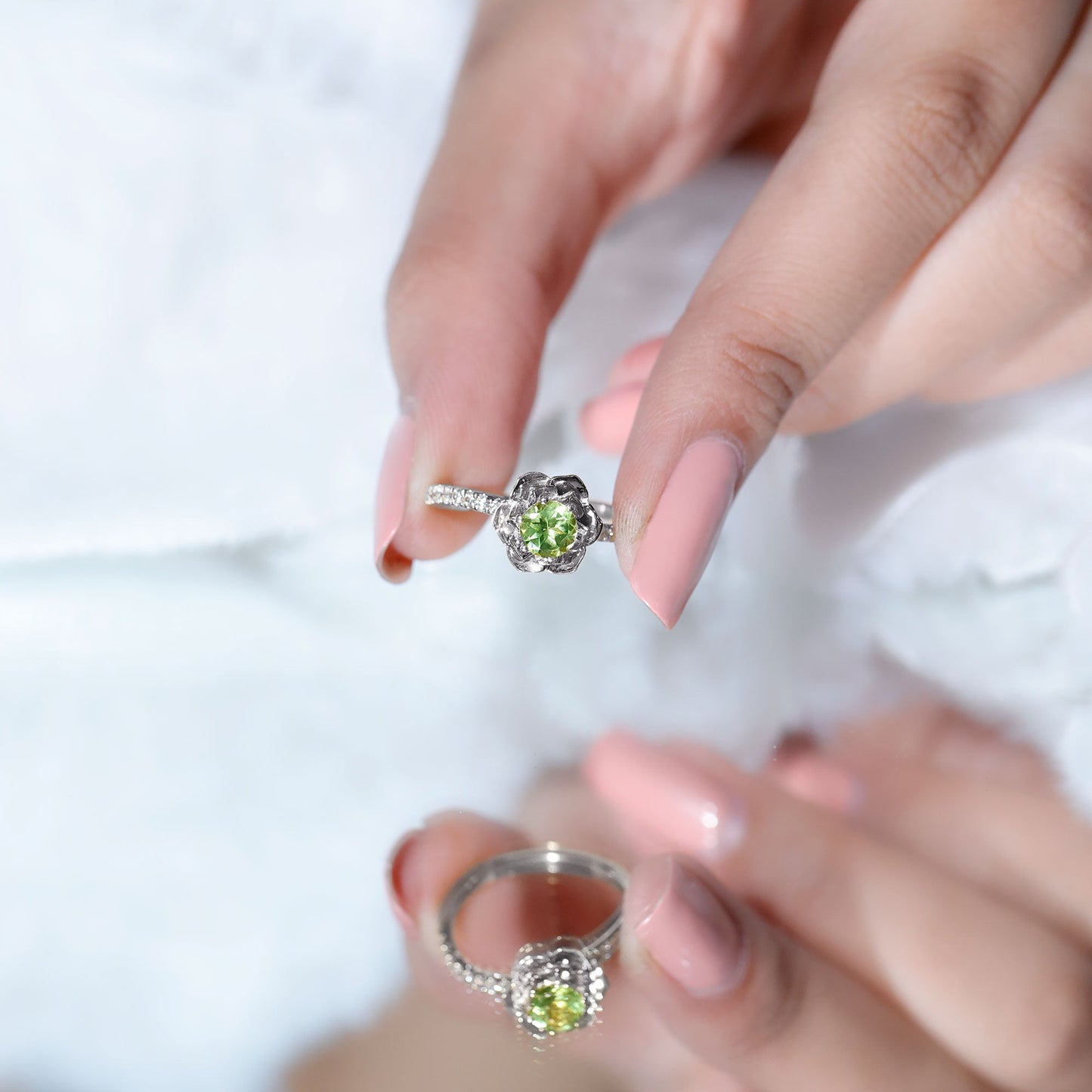 Nature Inspired Half Carat Peridot Flower Engagement Ring with Diamond