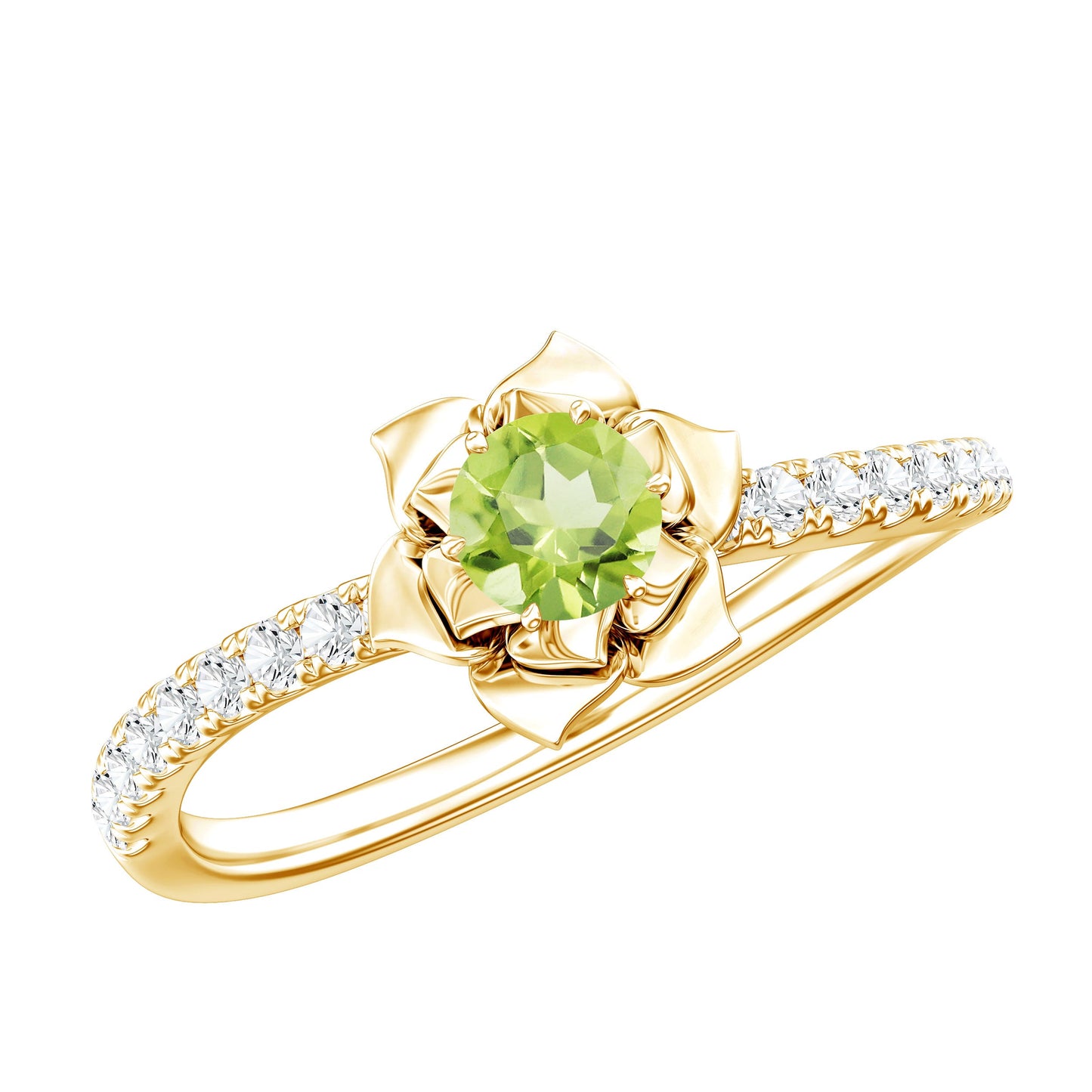 Nature Inspired Half Carat Peridot Flower Engagement Ring with Diamond
