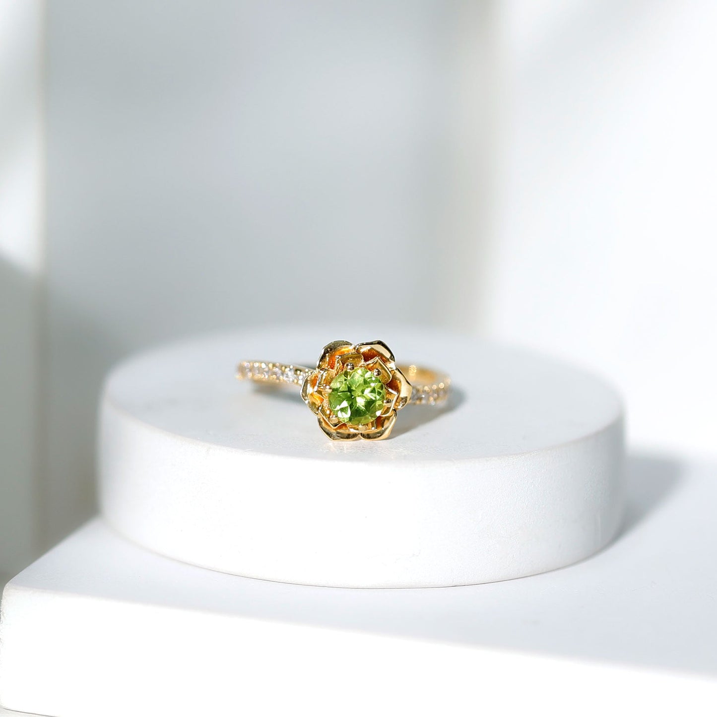 Nature Inspired Half Carat Peridot Flower Engagement Ring with Diamond