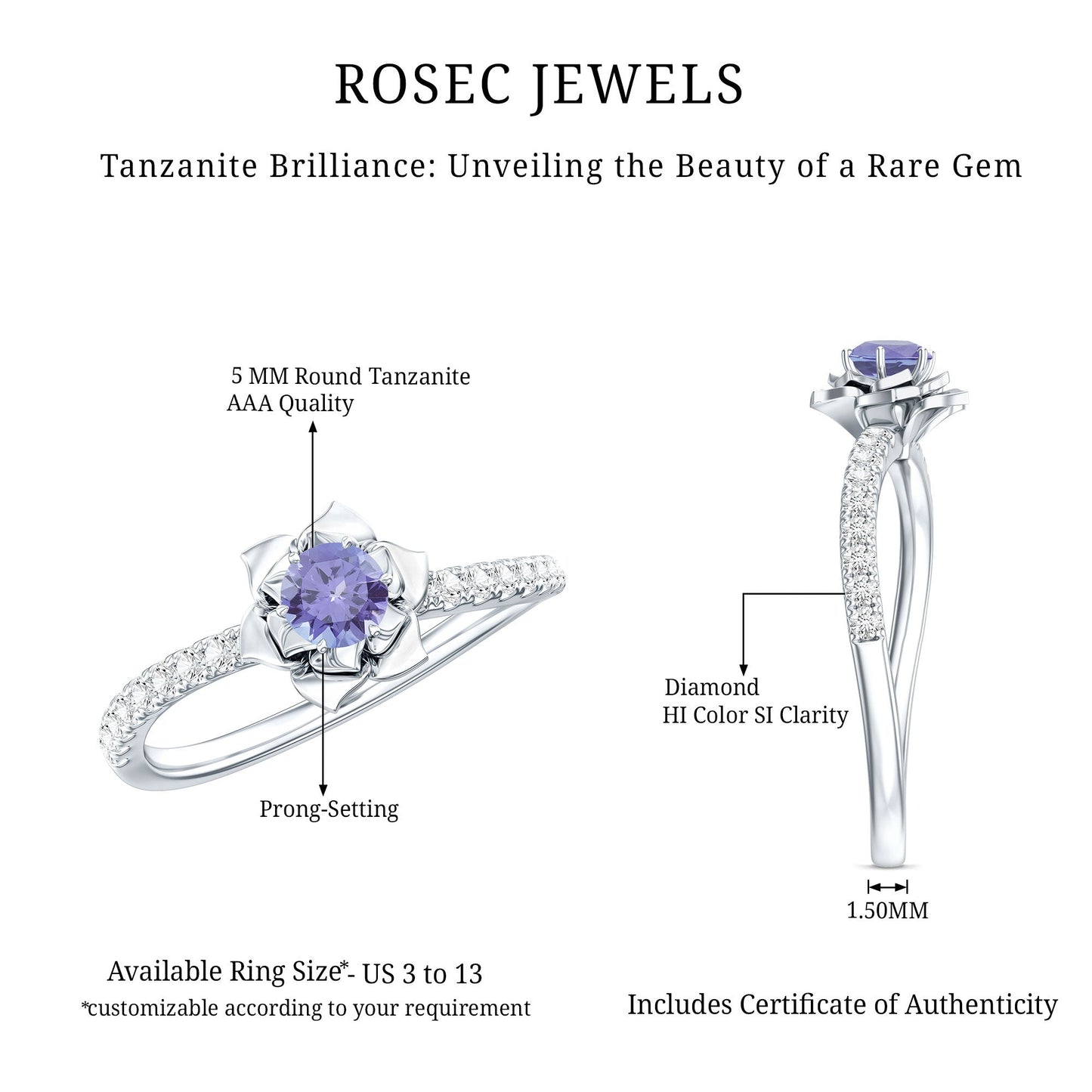 Genuine Tanzanite Rose Flower Engagement Ring with Diamond Curved Shank
