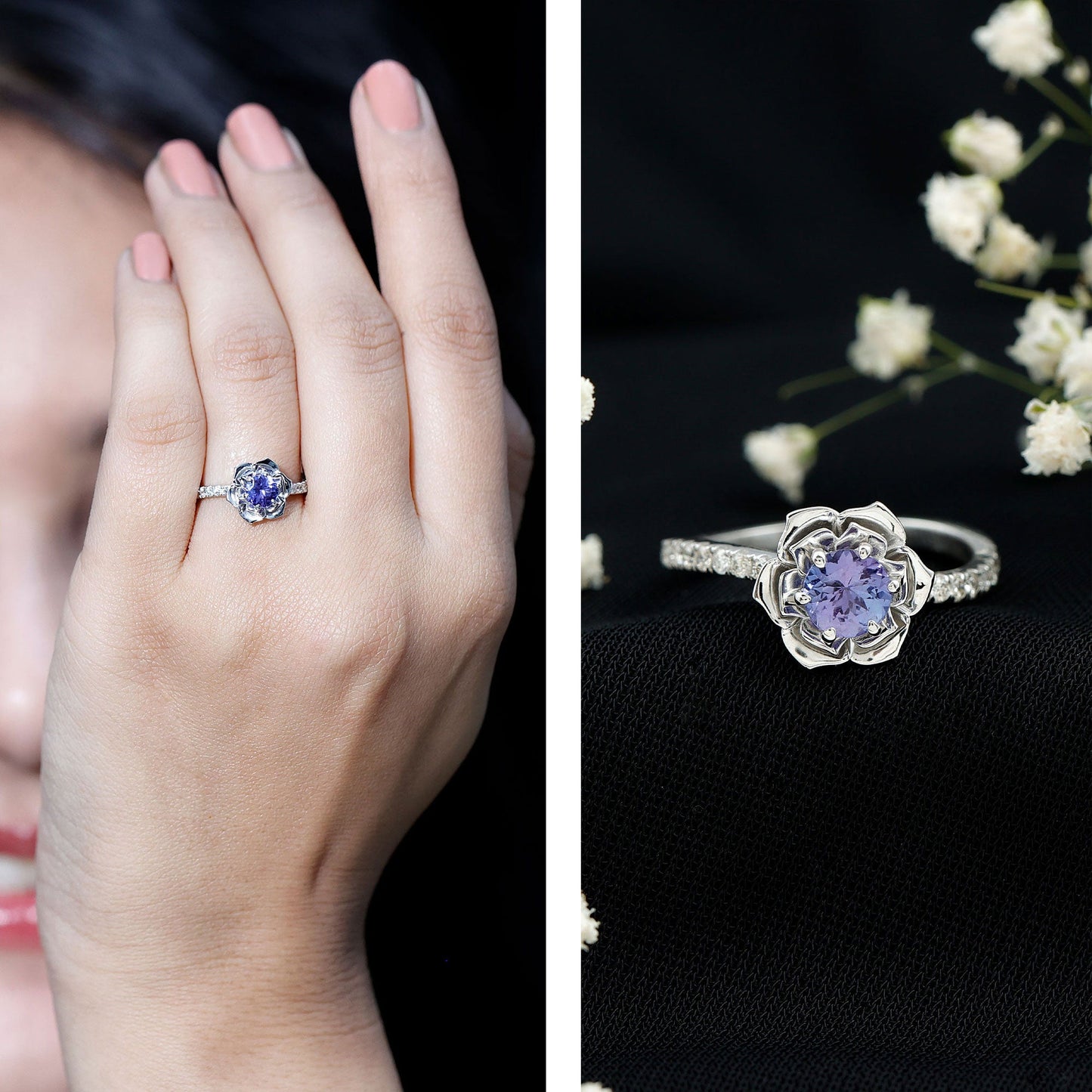 Genuine Tanzanite Rose Flower Engagement Ring with Diamond Curved Shank