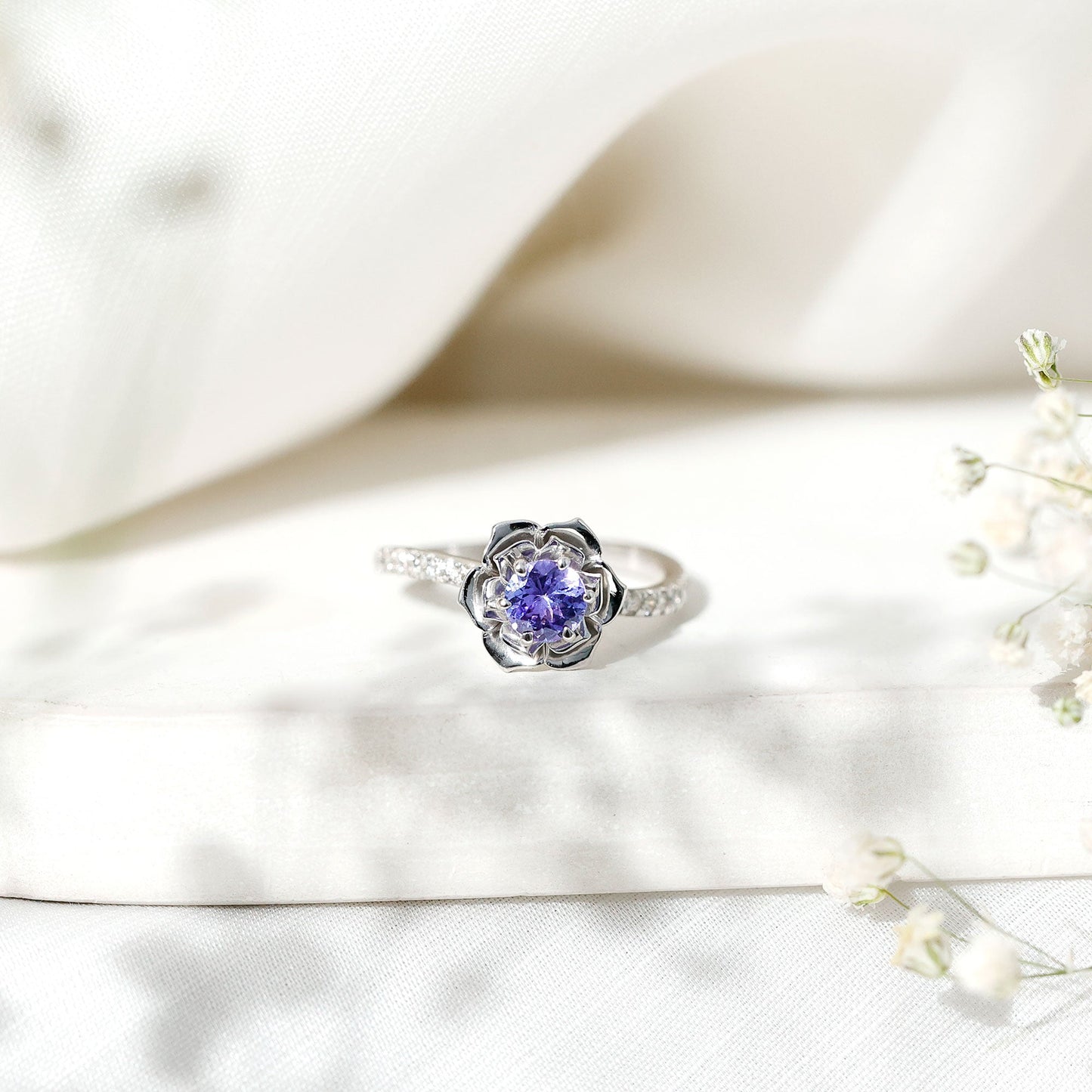 Genuine Tanzanite Rose Flower Engagement Ring with Diamond Curved Shank