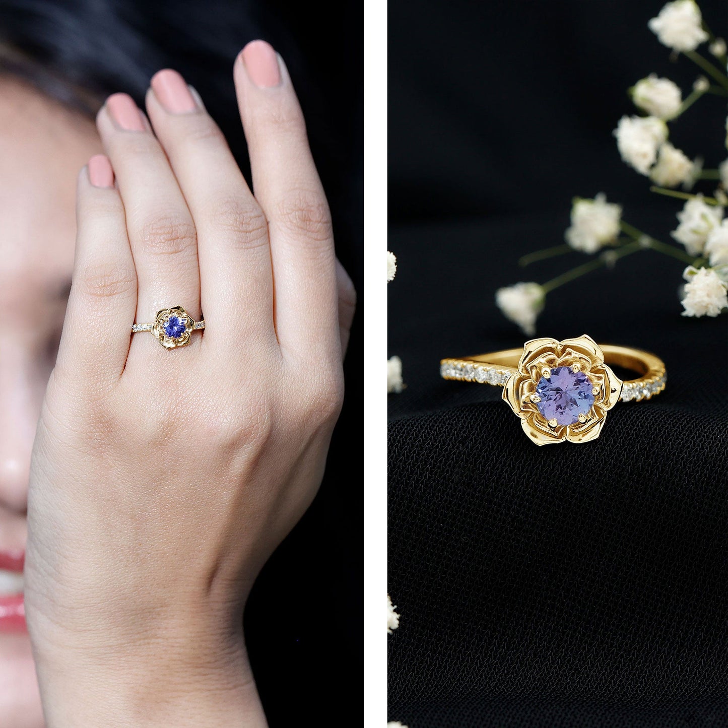 Genuine Tanzanite Rose Flower Engagement Ring with Diamond Curved Shank