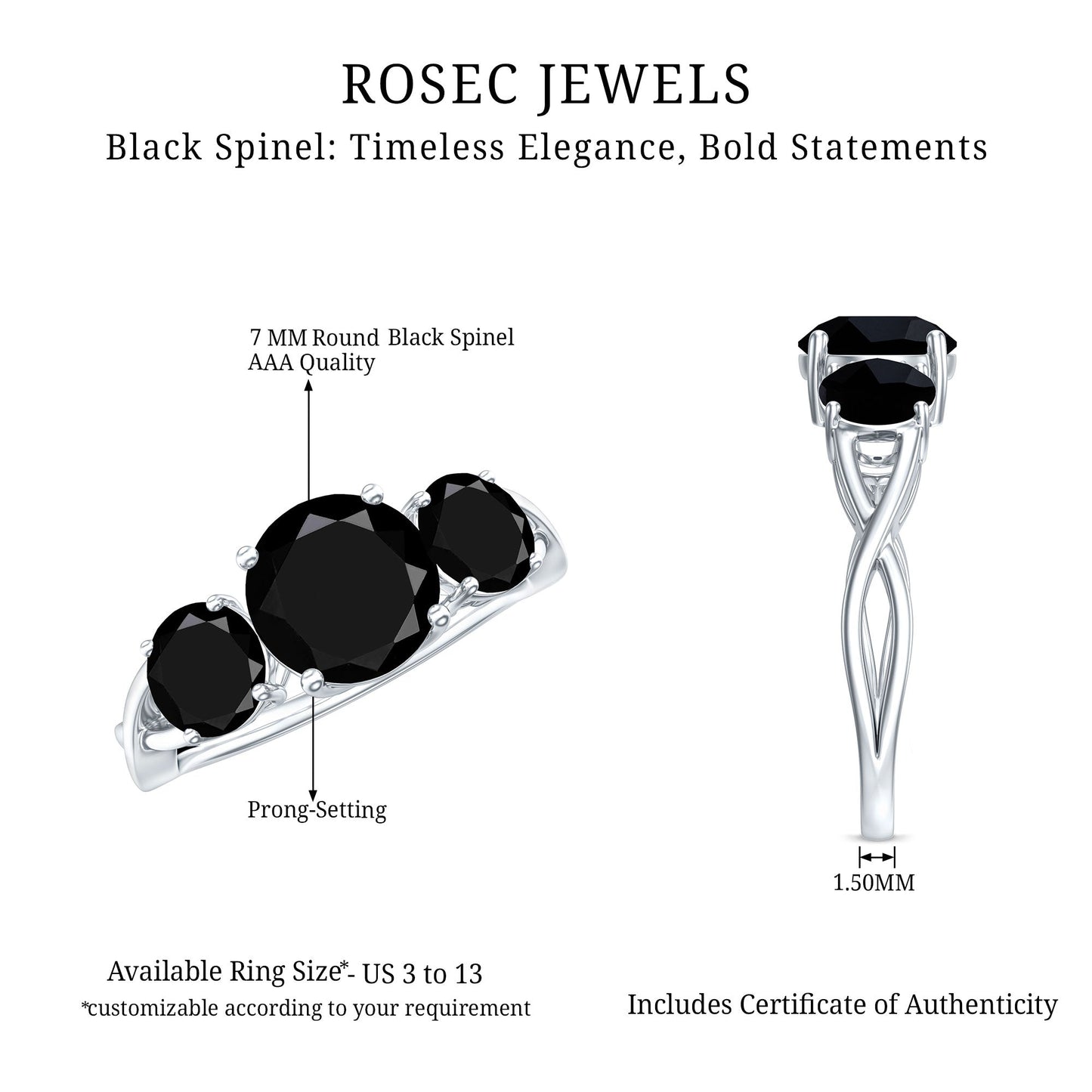 Natural 1.5 Carat Black Spinel 3 Stone Engagement Ring for Women
