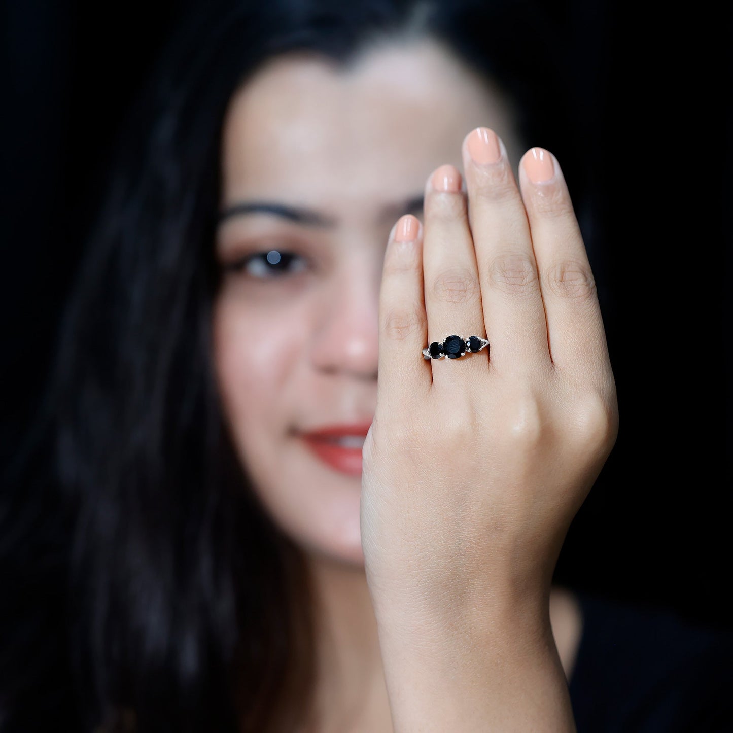 Natural 1.5 Carat Black Spinel 3 Stone Engagement Ring for Women