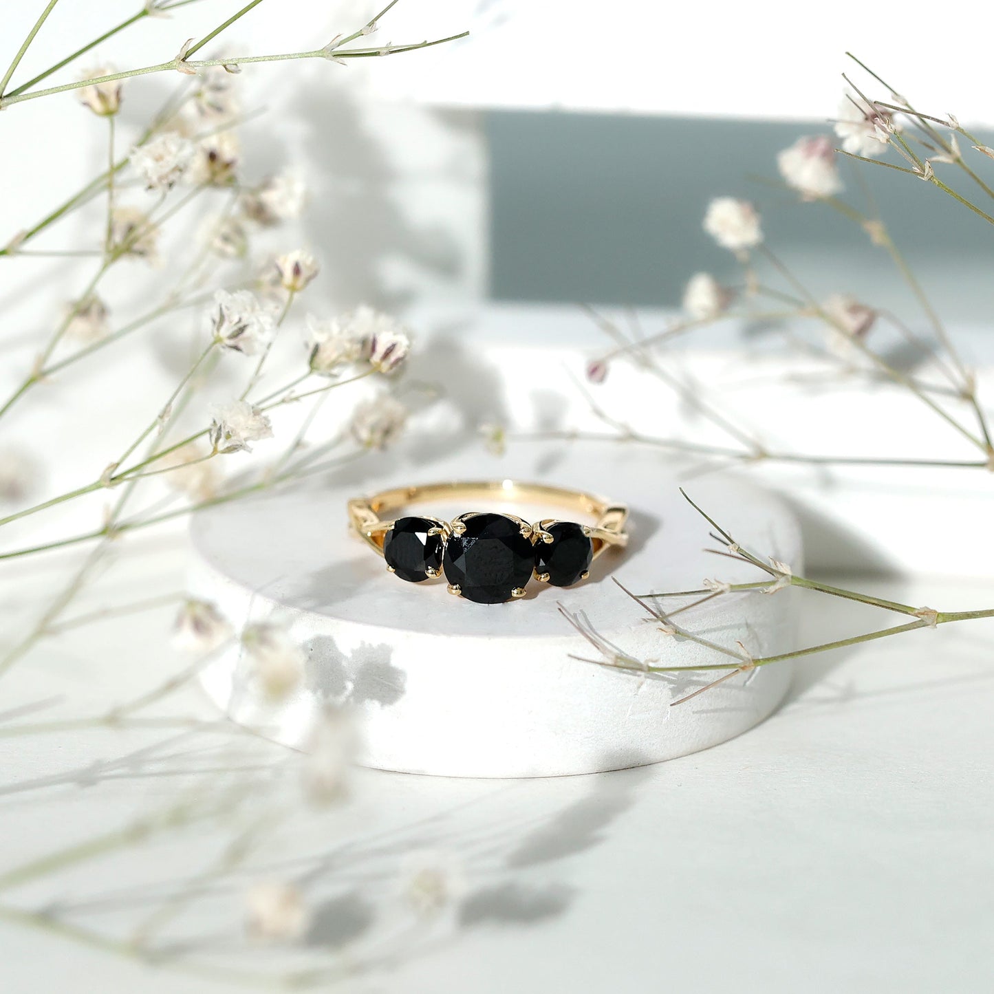 Natural 1.5 Carat Black Spinel 3 Stone Engagement Ring for Women