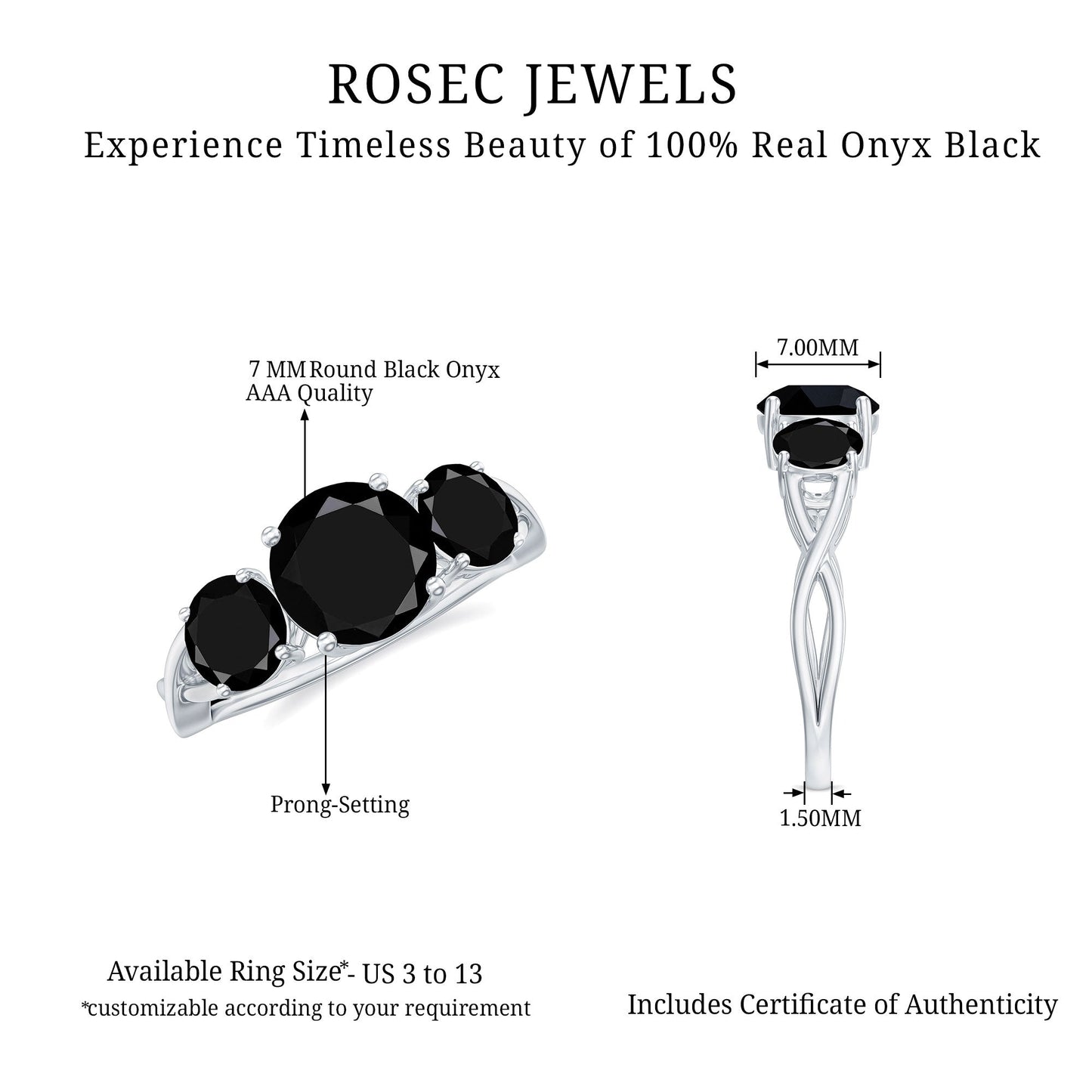 Genuine Black Onyx Three Stone Engagement Ring with Crossover Band