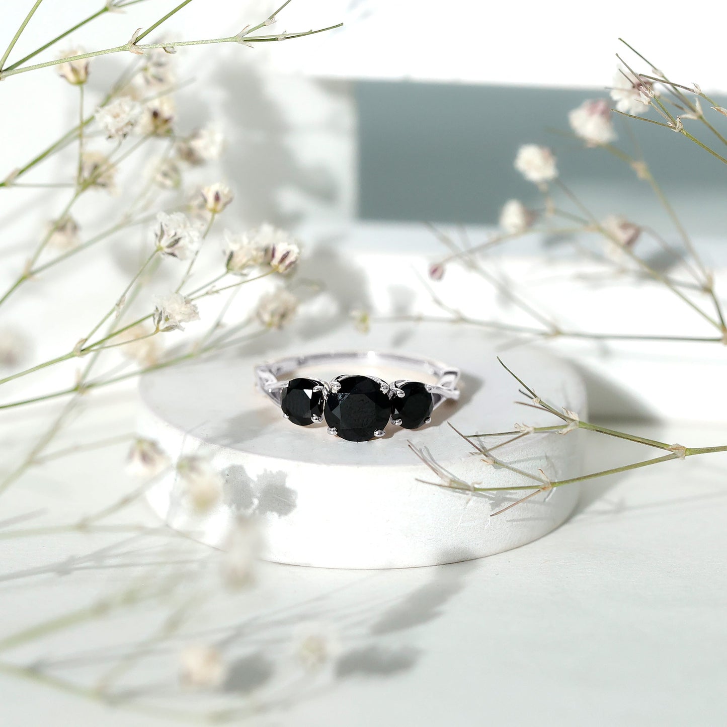Genuine Black Onyx Three Stone Engagement Ring with Crossover Band