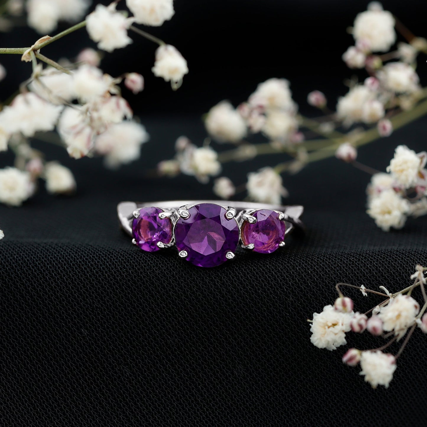 Natural Amethyst 3 Stone Engagement Ring for Women