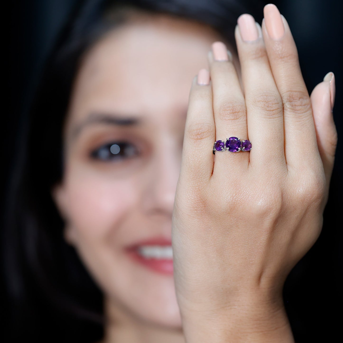 Natural Amethyst 3 Stone Engagement Ring for Women