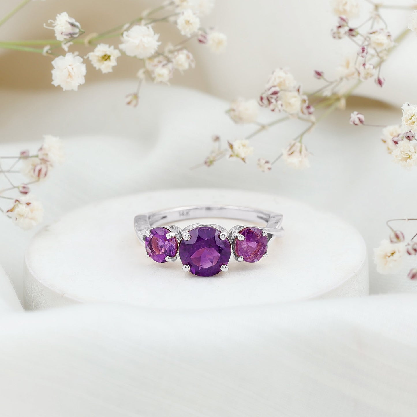 Natural Amethyst 3 Stone Engagement Ring for Women