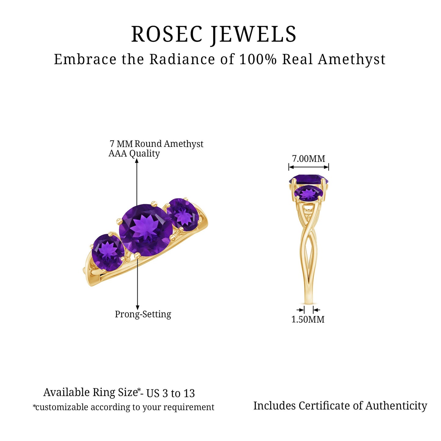 Natural Amethyst 3 Stone Engagement Ring for Women