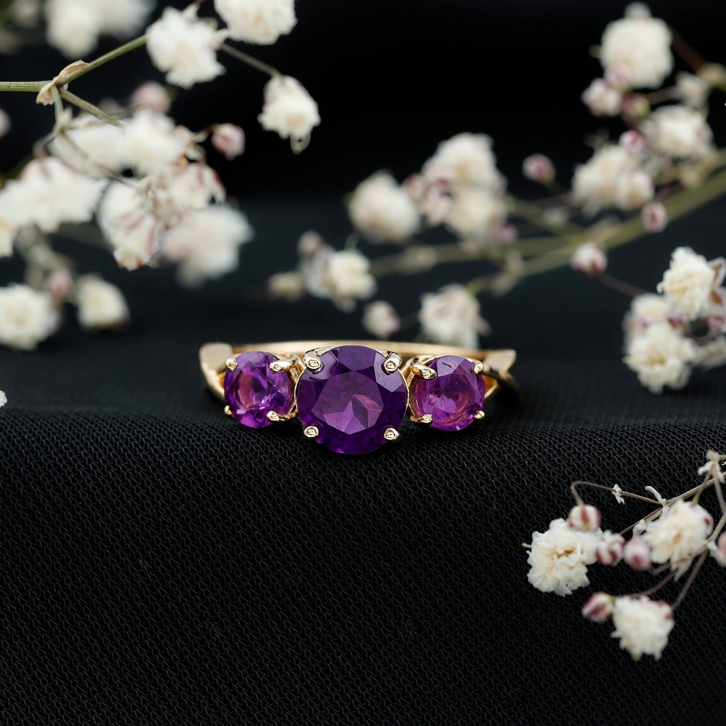 Natural Amethyst 3 Stone Engagement Ring for Women