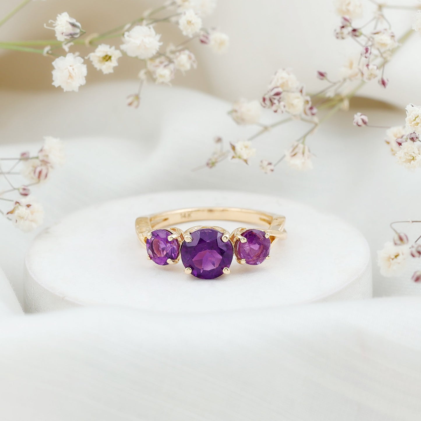 Natural Amethyst 3 Stone Engagement Ring for Women
